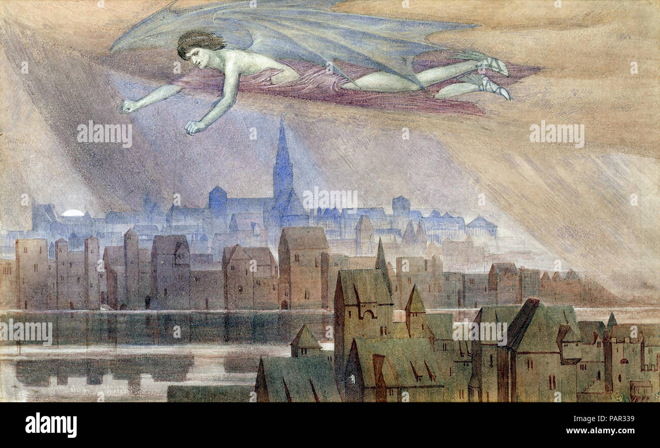 Meteyard Sidney - Illustration für Longfellow, die Goldene Legende - Luzifer über der Stadt flog. Stockfoto