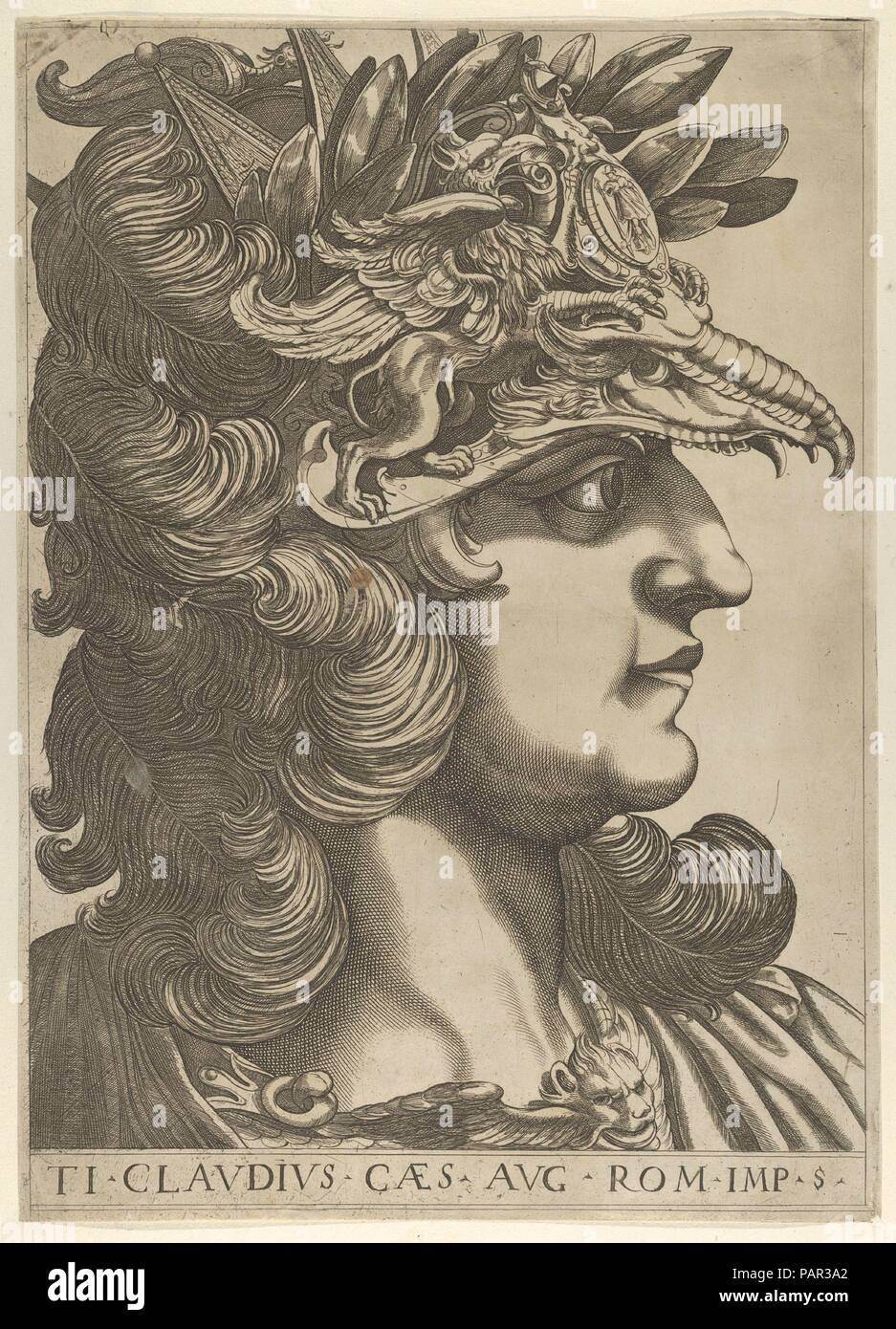 Platte 5: Tiberius Claudius im Profil nach rechts, aus "Die zwölf Cäsaren". Artist: Nach Raffaello Schiaminossi (Italienisch, Borgo San Sepolcro (Arezzo) 1572-1622 Borgo San Sepolcro (Arezzo). Abmessungen: Mount: 21 5/8 in. × 15 cm. (55 × 39,3 cm) Blatt: 20 3/8 x 14 9/16 in. (51,7 × 37 cm). Serie/Portfolio: Die Zwölf Cäsaren. Datum: Ca. 1610-40. Museum: Metropolitan Museum of Art, New York, USA. Stockfoto