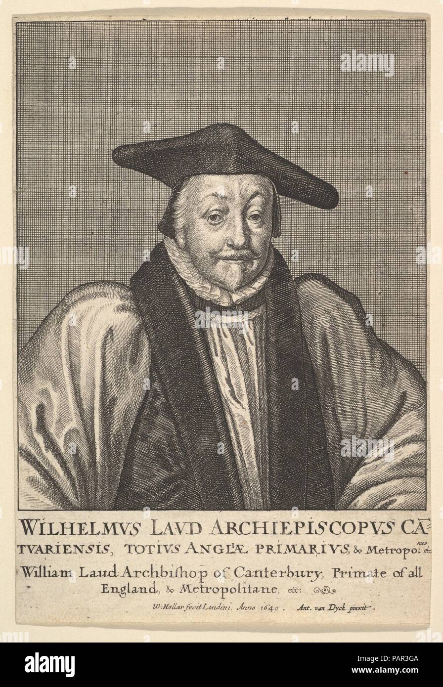 William Laud, Erzbischof von Canterbury. Artist: Nach Anthony van Dyck (Flandern, Antwerpen 1599-1641 London). Maße: Blatt: 5 3/4 x 3 15/16 in. (14,6 x 10 cm). Plasmaätzer: Wenzel Hollar (Böhmische, Prag 1607-1677 London). Sitter: William Laud (British, 1573-1645). Datum: 1641. Brustbild von William Laud, Erzbischof von Canterbury, leicht nach rechts gerichtet, in der breite, flache Mütze mit Ohren klappen und Schwarz Stahl über surplice; nach van Dyck. Museum: Metropolitan Museum of Art, New York, USA. Stockfoto