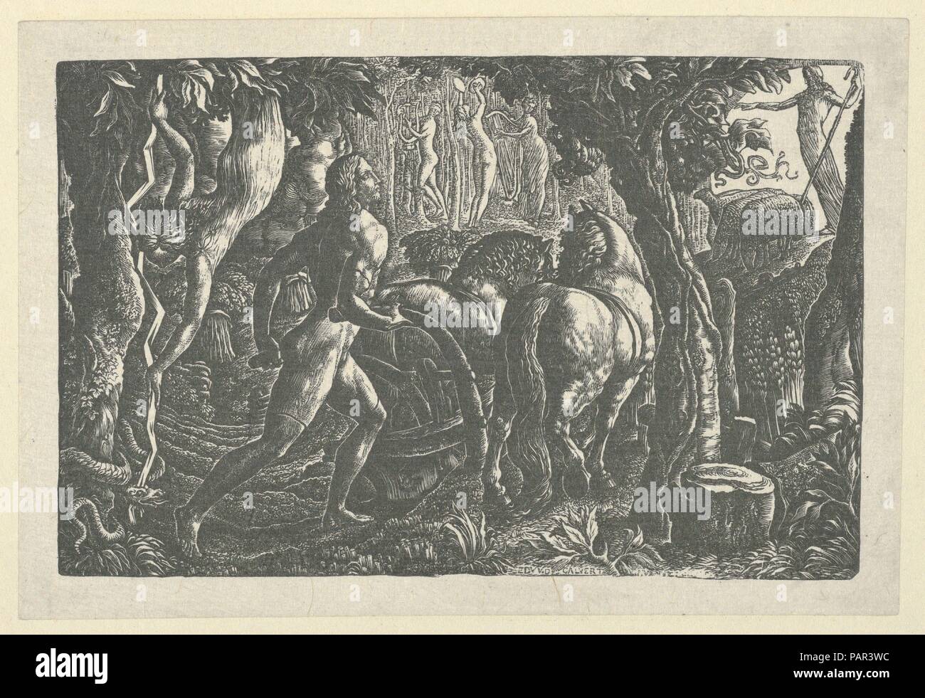 Der Pflüger. Artist: Edward Calvert (Briten, Appledore, Devon 1799-1833 Hackney (London)). Abmessungen: Bild: 3 1/4 x 5 in. (8,3 x 12,8 cm) Blatt: 3 3/4 x 5 1/2 in. (9,6 x 14 cm). Datum: 1827. In diesem detailreichen Gravur, Calvert zauberte eine idealisierte Welt des Mittelalters. In den Wochen nach Blake's Tod, der Pflüger manifestiert die Calvert Affirmation der eigenen künstlerischen Berufung: der Landwirt, der Schnitte Furchen im Boden stellt die Stecher, die Linien in Kupferplatten einschneidet. In diesem Drucken vollen Titel, der Pflüger, oder Christian Pflügen des letzten Furche des Lebens, Alle Stockfoto