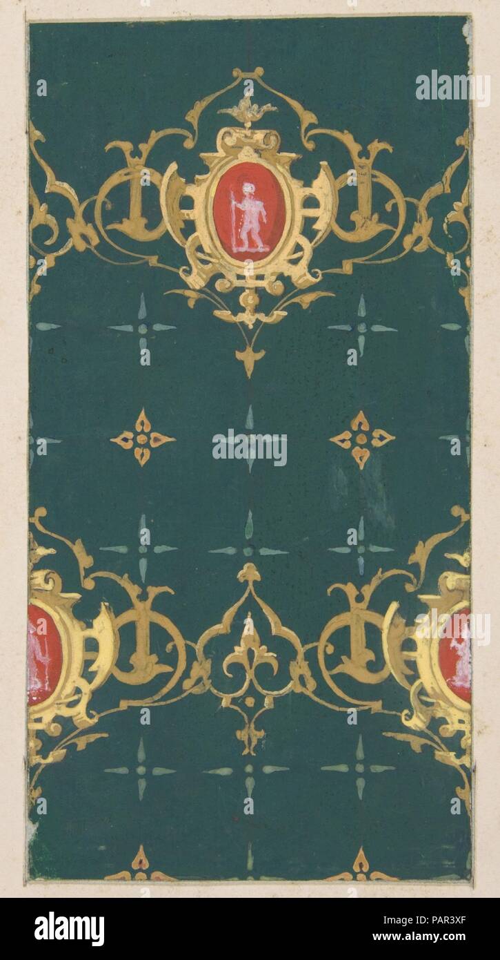 Design für Tapeten mit rinceaux und carouches Framing zahlen. Artist: Jules-Edmond - Charles Lachaise (Französisch, gestorben 1897); Eugène-Pierre Gourdet (Französisch, geboren in Paris, 1820-1889). Abmessungen: Insgesamt: 12 3/8 x 9 7/16 in. (31,4 x 23,9 cm) Bild: 5 5/16 x 2 13/16-in. (13,5 x 7,1 cm). Datum: 1830-97. Museum: Metropolitan Museum of Art, New York, USA. Stockfoto