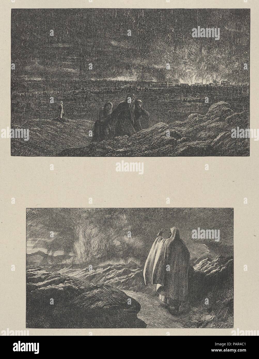 Die Zerstörung der Sodom-Abraham auf der Suche nach Sodom (Dalziels "Bibel Galerie). Artist: Thomas Dalziel (Briten, Altdorf, Northumberland 1823-1906 Herne Bay, Kent). Abmessungen: Bild: 4 3/16 x 6 13/16-in. (10,7 × 17,3 cm) Bild: 3 7/16 x 5 15/16 in. (8,7 × 15,1 cm) Indien: 11 3/16 x 8 3/8 in. (28,4 × 21,2 cm) Berg: 16 cm. × 12 15/16 in. (41,6 × 32,9 cm). Engraver: Dalziel Brüder (British, 1839-1893) aktiv. Drucker: Camden Drücken Sie (Briten, London). Verlag: Scribner und Welford (New York, NY). Datum: 1865-81. Museum: Metropolitan Museum of Art, New York, USA. Stockfoto