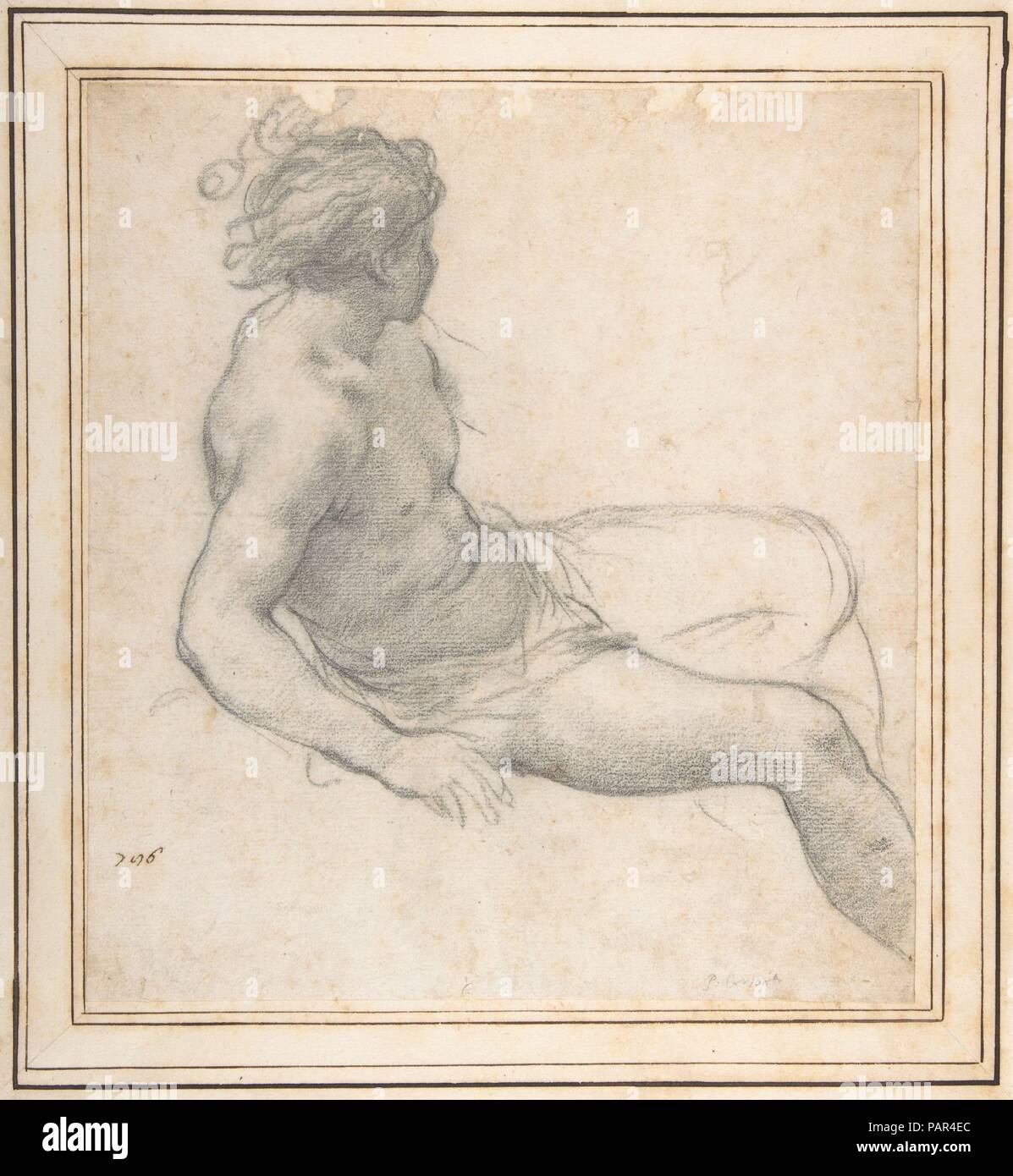 Studie eines sitzenden Jugend für das Alter von Gold. Artist: Pietro da Cortona (Pietro Berrettini) (Italienisch, Cortona 1596-1669 Rom). Abmessungen: 11-1/4 x 10-1/4-in. (28,6 x 26 cm). Datum: 1637. Im Juni 1637, Pietro da Cortona, dem führenden italienischen Barock Maler seiner Zeit, in Florenz kamen und begannen sofort mit einem Freskenzyklus durch den Großherzog der Toskana, Ferdinand II (1610-1670) und seine Frau Vittoria della Rovere (1622-1694), für die Kamera della Stufa im Palazzo Pitti in Auftrag gegeben. Das Thema war die "vier Zeitaltern der Welt', wie berichtet, am Anfang von Ovids Metamorphosen, ein KLASSI Stockfoto