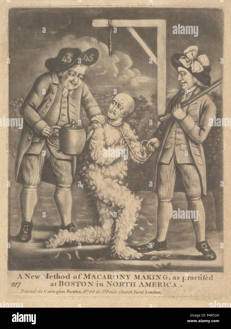 Eine neue Methode der Maracrony so praktiziert in Boston in Nordamerika. Abmessungen: Platte: 6 x 4 1/2 in. (15,2 x 11,4 cm) Blatt: 9 3/16 x 5 7/8 in. (23,4 x 15 cm). Erschienen in: London. Herausgeber: Carington Bowles (British, 1724-1793). Datum: Ca. 1774. Museum: Metropolitan Museum of Art, New York, USA. Stockfoto