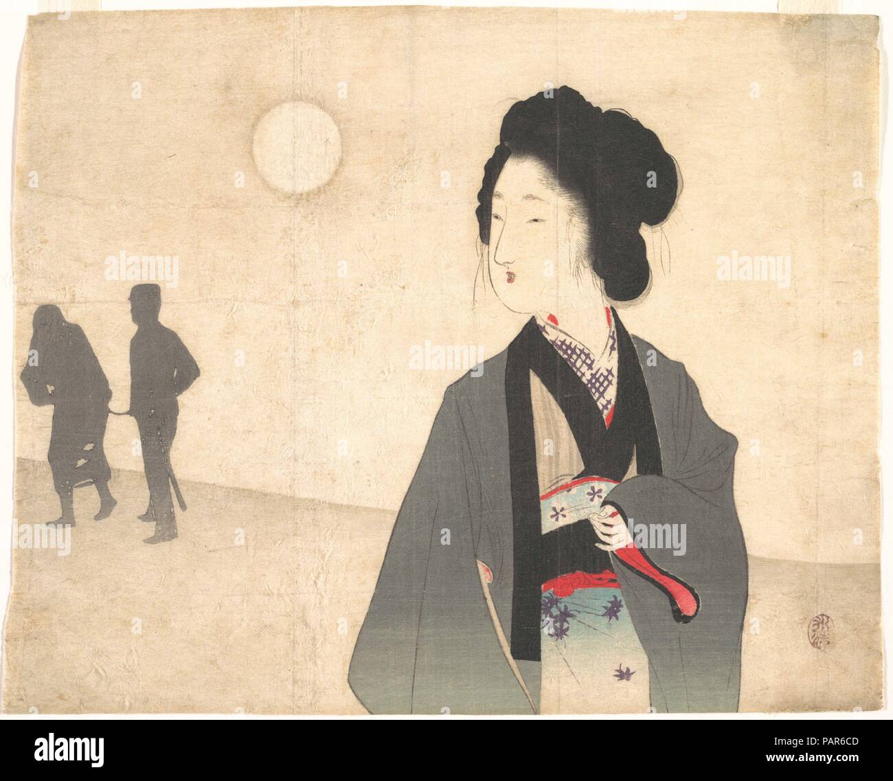 Junge Frau sieht die Silhouette eines männlichen Gefangenen sein Weg führte. Artist: Tomioka Eisen (Japanisch, 1864-1905). Kultur: Japan. Abmessungen: 8 1/2 x 10 3/8 in. (21,6 x 26,4 cm). Datum: Anfang des 20. Jahrhunderts. Die Eisen Drucken zeigt das eher melodramatischen Stimmung als eine Illustration für einen Roman ist typisch für die späten Meiji drucken. Eine Frau Uhren die Silhouetten von Ihrem geliebten weg geführt, die von der Polizei Mann. Die Silhouetten ohne Hintergrund Motive deuten auf einen unerreichbaren Ort von der Frau in der Realität. Museum: Metropolitan Museum of Art, New York, USA. Stockfoto