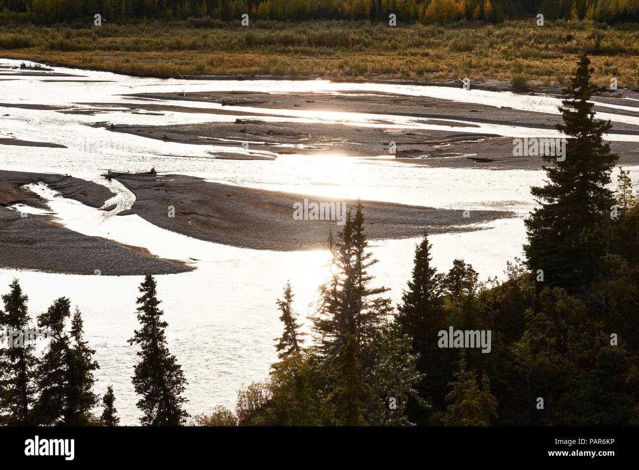 USA, Alaska, Denali Nationalpark, Fluss in der Hintergrundbeleuchtung Stockfoto