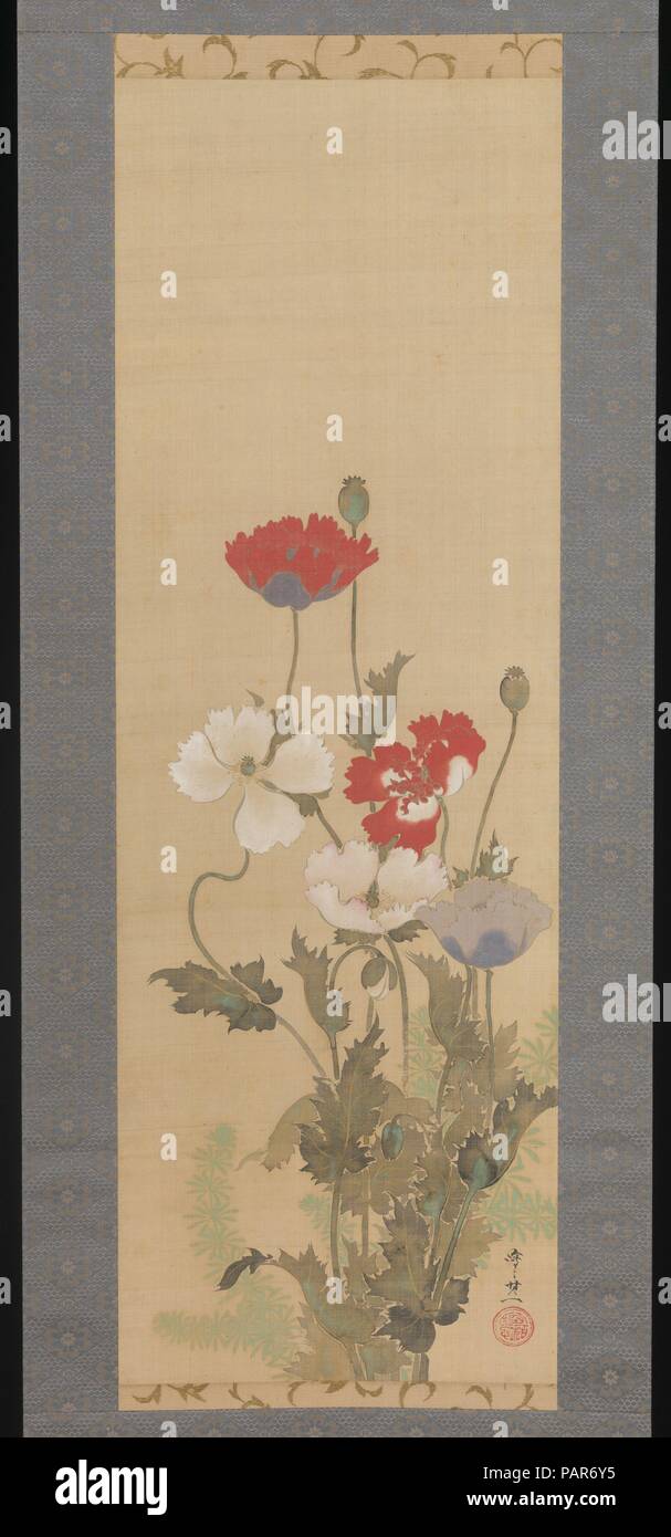 Mohn. Artist: Suzuki Kiitsu (Japanisch, 1796-1858). Kultur: Japan. Abmessungen: Bild: 38 9/16 x 13 1/8 in. (98 x 33,3 cm) Insgesamt mit den Knöpfen: 40 13/16 x 21 in. (103,7 x 53,3 cm) Insgesamt mit Montage: 40 13/16 x 18 11/16 in. (103,7 x 47,5 cm). Datum: Mitte des 19. Jahrhunderts. Nicht alle Blumen konnte in den bunten Gärten von Rinpa Künstler durch die Jahrhunderte kultiviert. Noch Mohn (keshi) muss eindeutig einen Favoriten wurden ihrer Kunden, für Beispiele Überleben von jeder Generation von der Schule. Früher, Künstler der Sotatsu studio, wie Kitagawa Sosetsu (aktive Mitte des 17. Jahrhunderts), wie Stockfoto