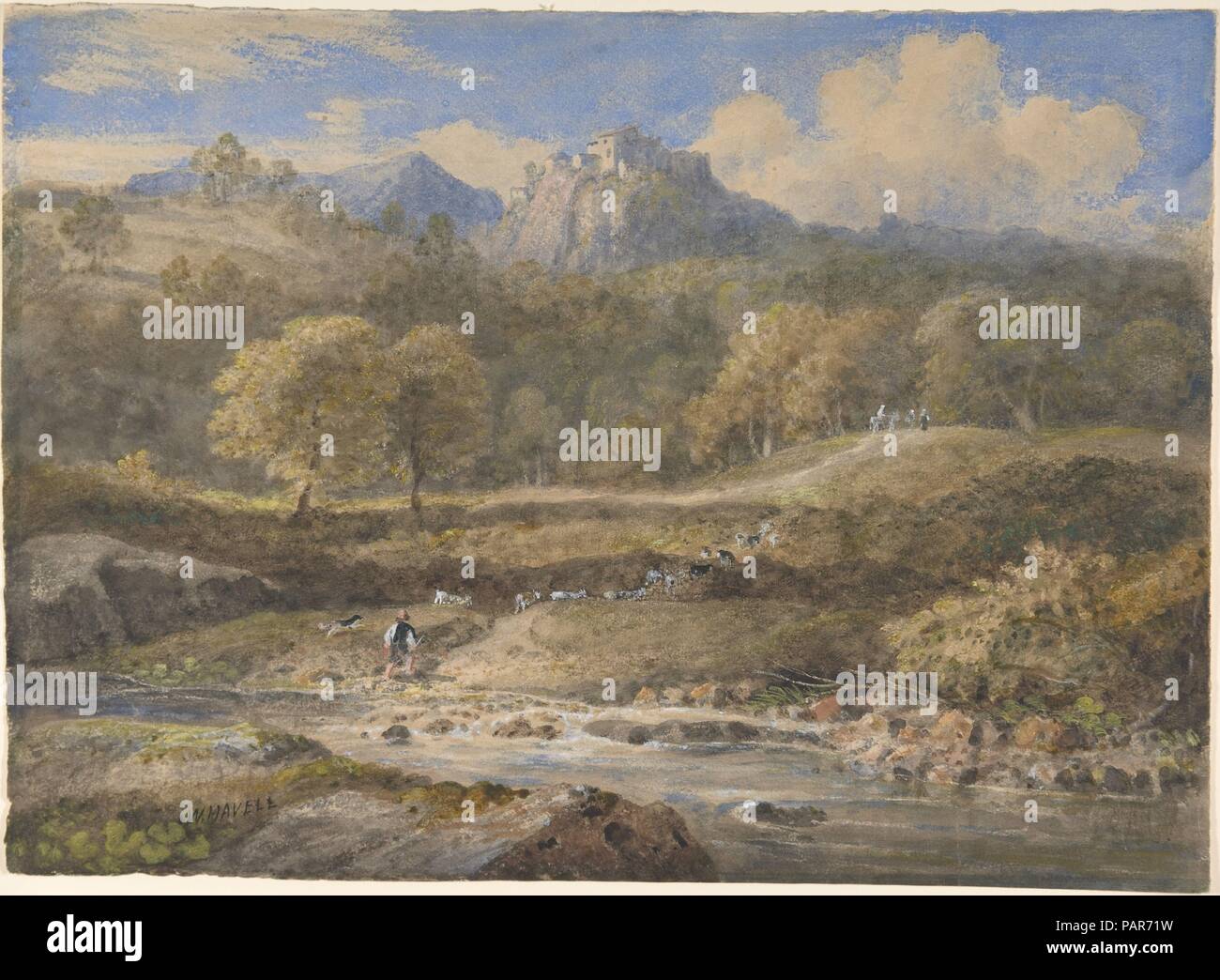 Licenza, in der Nähe von Rom: Horace's Villa. Künstler: William Havell (British, 1782-1857 London). Maße: Blatt: 10 11/16 x14 13/16-in. (27,2 x 37,6 cm). Datum: Ca. 1828-29. Nach einem Jahrzehnt in China und Indien, Havell nach England zurück, im Jahre 1826, zwei Jahre später in Italien mit dem Maler Thomas Uwins. Die Zeichnung ist eines von zwei bekannte Werke, die während dieses Aufenthalts (der andere ist "Von Küste, Amalfi, "Victoria und Albert Museum). Horace's Farm im Sabine Hills, etwa 30 km östlich von Rom, ist eine Ikone, die später Landsitze von Stourhead, Wiltshire beeinflusst Stockfoto