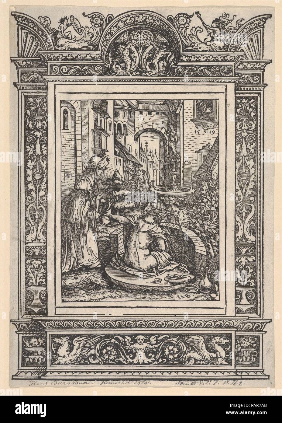 Batseba Baden, von Frauen Wile (Weiberlisten). Künstler: Hans Burgkmair (Deutsch, Augsburg 1473-1531 Augsburg); Block schneiden von Jost de Negker (1480-1546); Grenze von Hans Weiditz der Jüngere (Deutsch, Freiburg im Breisgau, bevor 1500 - Ca. 1536 Straßburg). Maße: Blatt: 8 3/4 x 6 in. (22,3 × 15,2 cm). Serie/Portfolio: Women's Wile (Weiberlisten). Museum: Metropolitan Museum of Art, New York, USA. Stockfoto