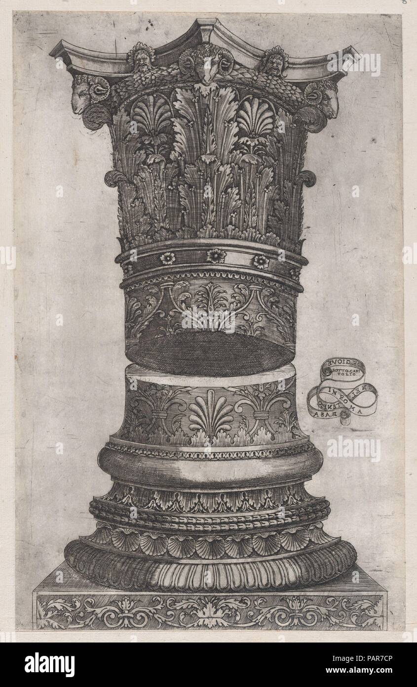 Speculum romanae Magnificentiae: Eingerichtet Kapital und die Basis in der Tempel des Jupiter, Rom. Artist: zurückzuführen auf Master G.A. (Italienisch, aktive Ca. 1535). Abmessungen: Mount: 17 11/16 x 13 1/8 in. (44,9 x 33,3 cm) Blatt: 13 3/8 x 8 3/8 in. (34 x 21,2 cm). Serie/Portfolio: Speculum romanae Magnificentiae. Datum: Ca. 1537. Dieser Ausdruck stammt aus der Kopie für das Museum von Speculum romanae Magnificentiae (Der Spiegel der Römischen Pracht) Das Speculum seinen Ursprung im Verlags- Bemühungen von Antonio Salamanca und Antonio Lafreri gefunden. Während der Römischen publishing Karrieren, die zwei Fremdsprachen. Stockfoto