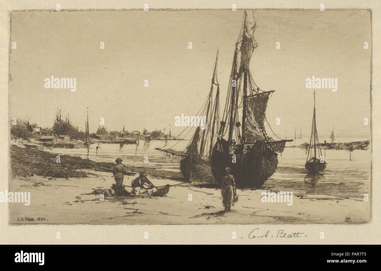 Boote bei Ebbe. Künstler: Charles Adams Platt (American, New York 1861-1933). Abmessungen: Platte: 5 7/8 x 9 7/8 in. (14,9 x 25,1 cm) Blatt: 8 7/8x11 11/16 in. (22,5 x 29,7 cm). Datum: 1882. Museum: Metropolitan Museum of Art, New York, USA. Stockfoto