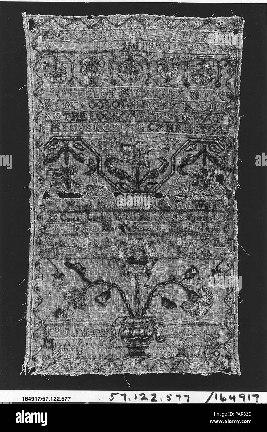 Sampler. Kultur: American. Abmessungen: H 16 cm x W 10 Zoll (41,9 x 25,4 cm). Datum: 1754. Museum: Metropolitan Museum of Art, New York, USA. Stockfoto