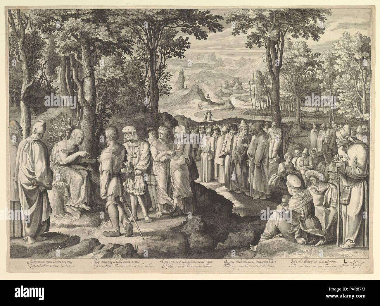 Johannes der Täufer predigte in der Wüste. Artist: Nach Lucas van Leyden (Niederländischen, Leiden kann. 1494-1533 Leiden); Gestochen von Nicolaes de Bruyn (Niederländischen, Antwerpen, Rotterdam 1571-1656). Maße: Blatt: 15 1/2 x 21 1/2 in. (39,4 x 54,6 cm). Datum: Ca. 1527-28. Museum: Metropolitan Museum of Art, New York, USA. Stockfoto