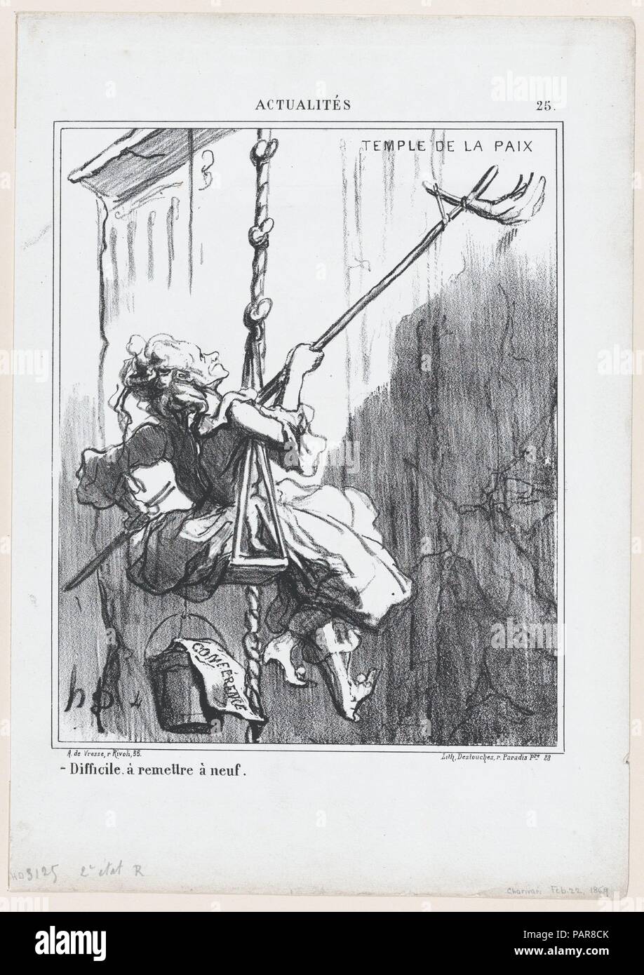Schwierig wiederherzustellen, es zu mögen, von "Nachricht des Tages", in Le Charivari, 22. Februar 1869 veröffentlicht. Artist: Honoré Daumier (Französisch, Marseille 1808-1879 Valmondois). Abmessungen: Bild: 10 1/16 x 8 3/16 in. (25,6 × 20,8 cm) Blatt: 14 5/6 x 10 1/8 in. (36,7 × 25,7 cm). Drucker: destouches (Paris). Herausgeber: Arnaud de Comblain-la-Tour. Serie/Portfolio: "Nachricht des Tages" (CMS). Datum: 22. Februar 1869. Museum: Metropolitan Museum of Art, New York, USA. Stockfoto