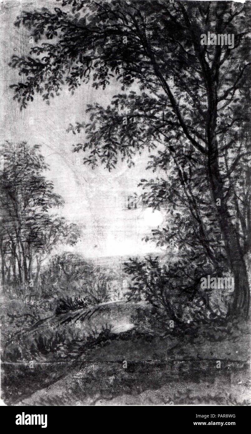 Landschaft bei Mondschein. Artist: anthonie Waterloo (Niederländisch, Lille 1609-1690 Utrecht). Abmessungen: 10 3/16 x 7 1/16-in. (25,8 x 18 cm). Datum: Ca. 1676. Anthonie Waterloo, eine produktive topographische Verfasser, skizziert die Landschaft in und rund um seine Heimatstadt Utrecht. Er reiste auch nach Westen und Osten von Brüssel nach Norddeutschland, und so weit wie Danzig. Diese Zeichnung erinnert die Landschaft an der östlichen Grenze von Holland sowie die bewaldeten Gebiet um Brüssel. Waterloo machte viele Zeichnungen von diesen Gebieten, oft in schwarzer Kreide und grau Waschen verstärkt mit Weiß. Seine düster-schattigen bewaldeten Views nic Stockfoto