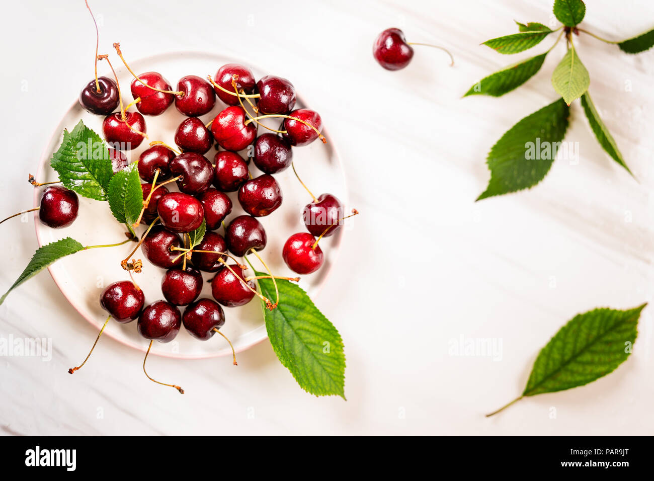 Blick von oben auf die Kirschen auf einem Schild auf weißem Hintergrund mit grünen Blättern Stockfoto