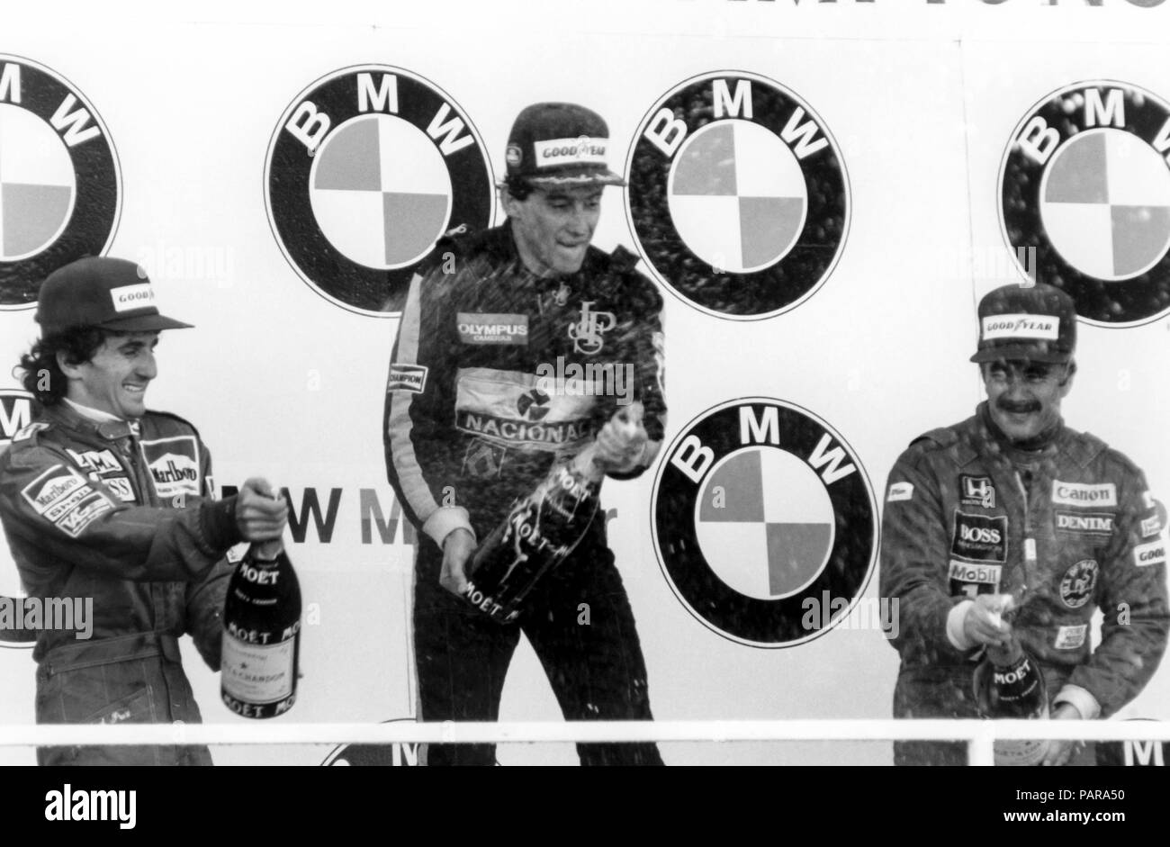 Podium,, 1 Ayrton Senna (Lotus Honda), 2 Alain Prost (Mac Laren Tag) 3 Nigel Mansell (Williams Honda), F1, GP Belgien gp, Spa, 1985 Stockfoto