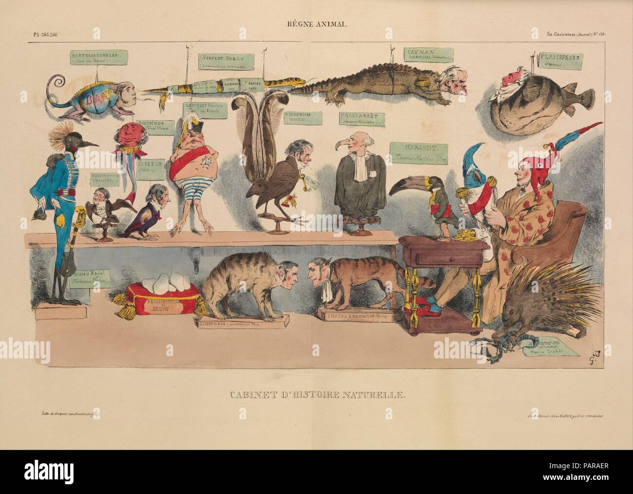 Animal Kingdom: Naturgeschichte Cabinet (Règne animal: Cabinet d'Histoire Naturelle), von La Karikatur, Teller 265 und 266. Artist: J.J.Grandville (Französisch, Nancy Vanves, 1803-1847). Abmessungen: Bild: 11 1/4 x 14 3/8 in. (28,6 × 36,5 cm) Blatt: 14 in. × 20 cm. (35,6 × 52,1 cm). Lithograph: becquet. Herausgeber: Aubert et Cie. Datum: 18. April 1833. Lithographie persiflieren König Louis-Philippe und seiner politischen Mitarbeiter von Ihnen protraying als Tierfutter Proben in einem naturhistorischen Museum. Museum: Metropolitan Museum of Art, New York, USA. Stockfoto