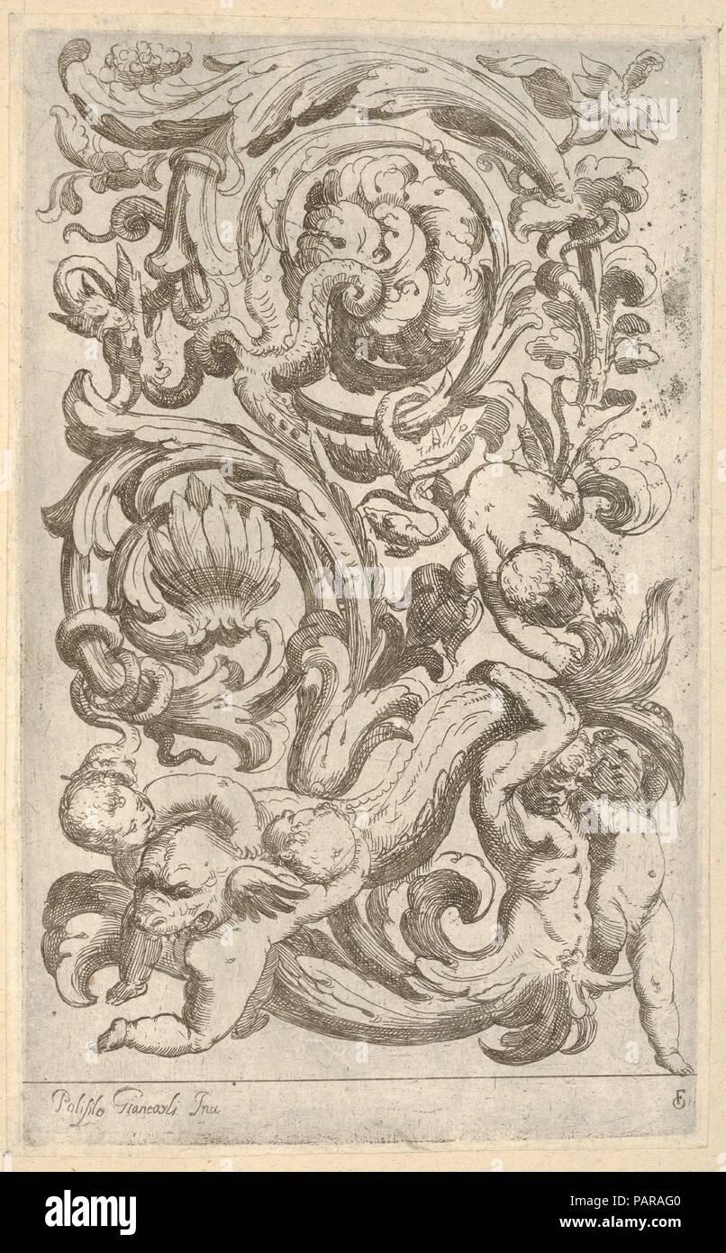 Varii Disegni di Polifilo Zancarli. Artist: Polifilo Giancarli (aktiv in Venedig Ca. 1600-1625); Odoardo Fialetti (Italienisch, Bologna 1573-1637/38 Venedig). Abmessungen: Platte: 9 5/16 x 5 11/16 in. (23,6 x 14,5 cm). Erschienen in: Venedig. Herausgeber: Tasio Giancarli (Italienisch, aktiv in Venedig (?) Ca. 1625). Datum: 1628 vor. Vertikale panel Design mit einem akanthus rinceau mit verschiedenen Zahlen. Auf der linken unteren zwei Putten dargestellt werden, die den Kopf eines riesigen Fisch. In der unteren linken eine männliche Figur, deren untere Körper besteht aus Akanthusblättern hält seinen Schwanz zusammen mit zwei anderen Putti. Zwei Schlange - Stockfoto