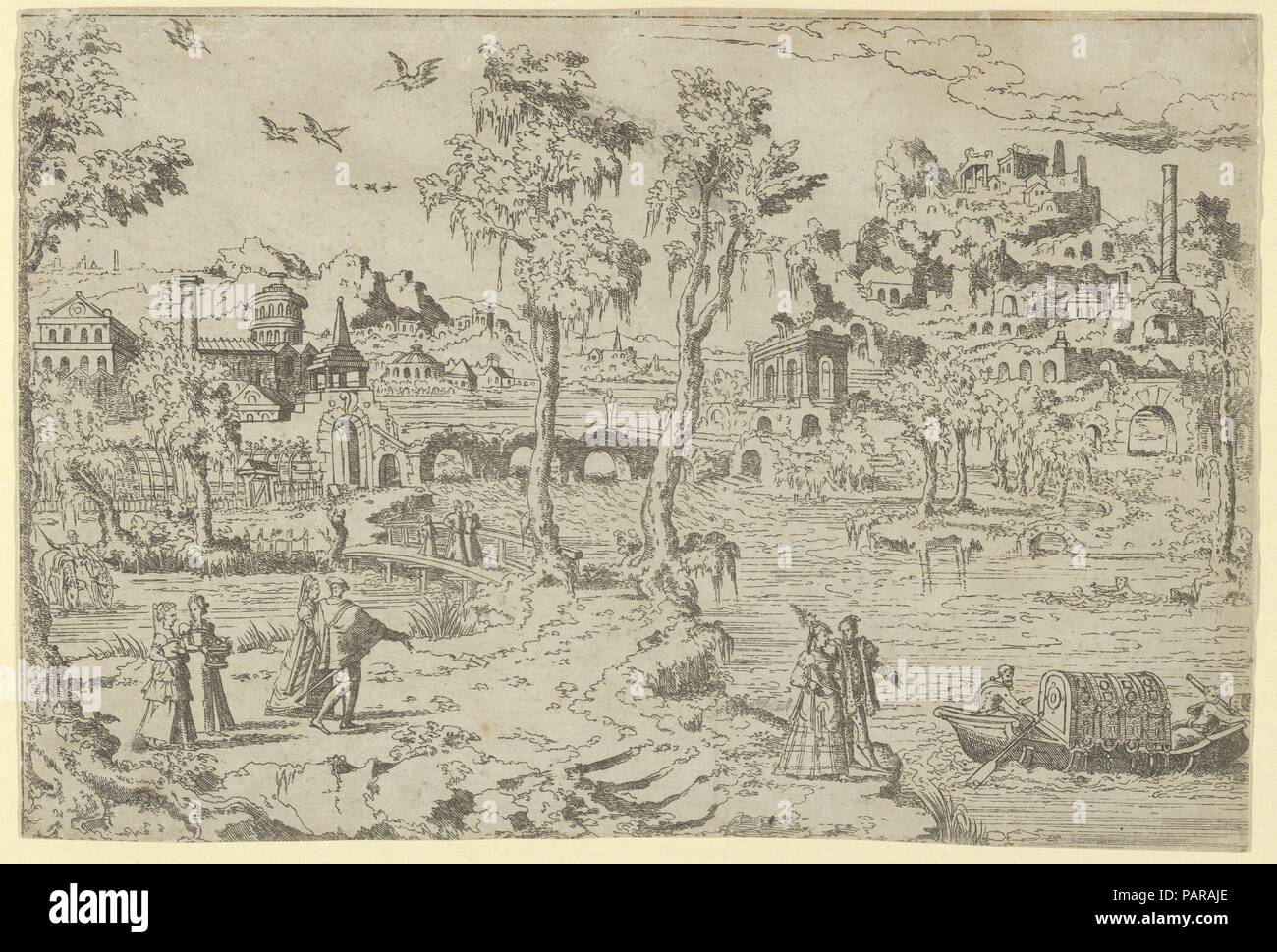 Landschaft mit Ruinen, Höflinge, und eine Gondel. Artist: Léon Davent (Französisch, aktive 1540-56). Abmessungen: Blatt (getrimmte): 6 3/16 x 9 1/4 in. (15,7 × 23,5 cm). Datum: 1526-50. Museum: Metropolitan Museum of Art, New York, USA. Stockfoto