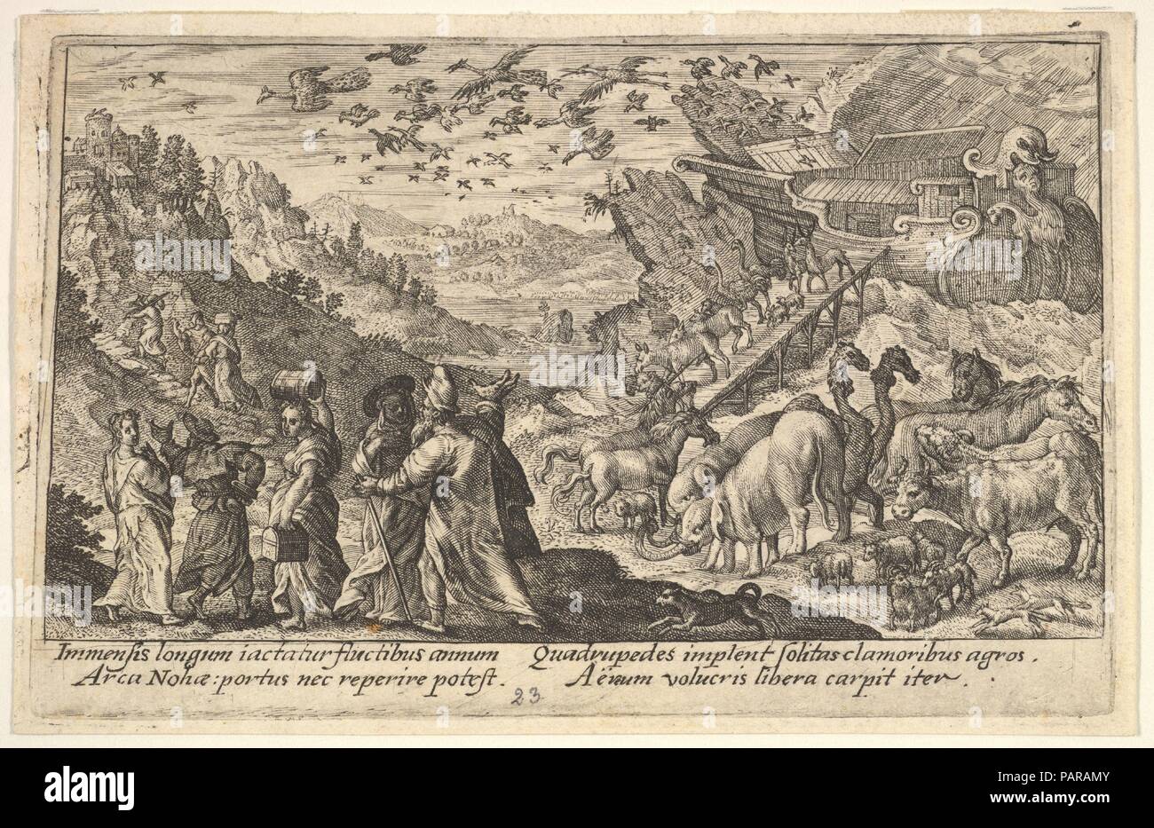 Verlassen der Arche Noah mit seiner Familie und den Tieren: in der linken Noahs Familie trägt, im rechten Tiere auf einer Rampe von der Arche steigen, über Vögel fliegen von der Arche, als eine Serie von Gravuren für die 'Liber Genesis". Artist: Crispijn de Passe der Ältere (Niederländischen, Arnemuiden 1564-1637 Utrecht). Maße: Blatt: 3 7/16 x 5 3/8 in. (8,8 x 13,7 cm) Platte: 3 5/16 x 5 3/16 in. (8,4 x 13,2 cm). Serie/Portfolio: Serie von Gravuren für die 'Liber Genesis". Datum: 1612. Museum: Metropolitan Museum of Art, New York, USA. Stockfoto