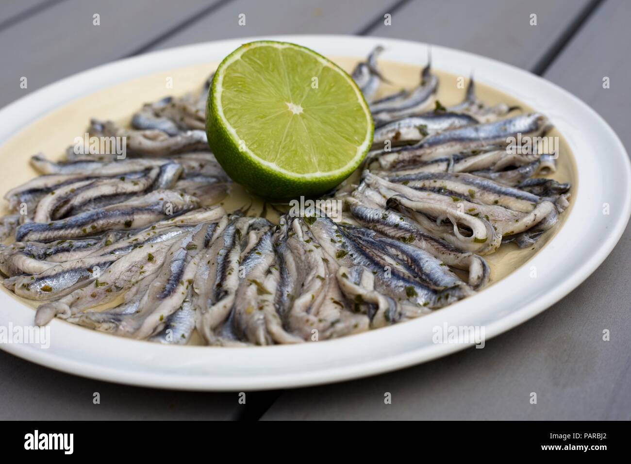 Platte von marinierte Sardellen oder Boquerones en Vinagre, eine Spanische Tapas Teller Stockfoto
