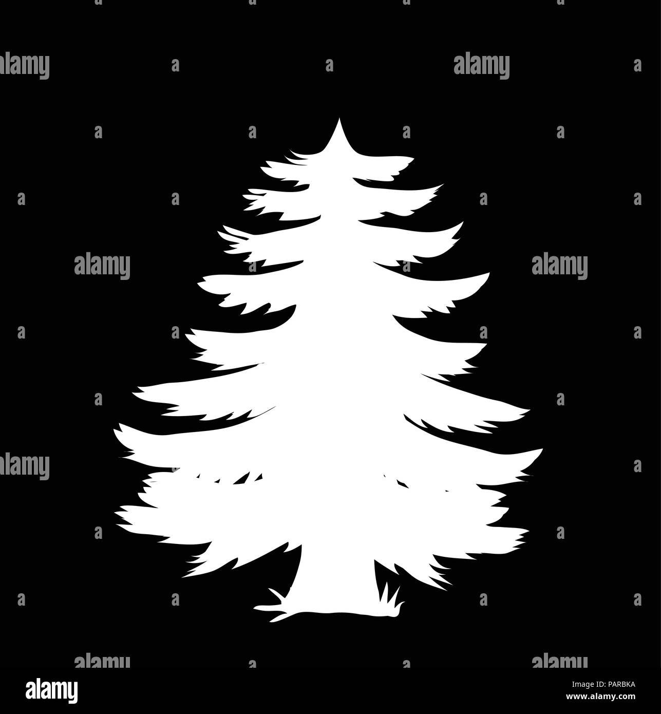 Weiße Silhouette der Nadelhölzer Baum Symbol auf schwarzem Hintergrund isoliert. Vector Illustration, Piktogramm, Zeichen, Vorlagen, Cliparts für Design. Stock Vektor