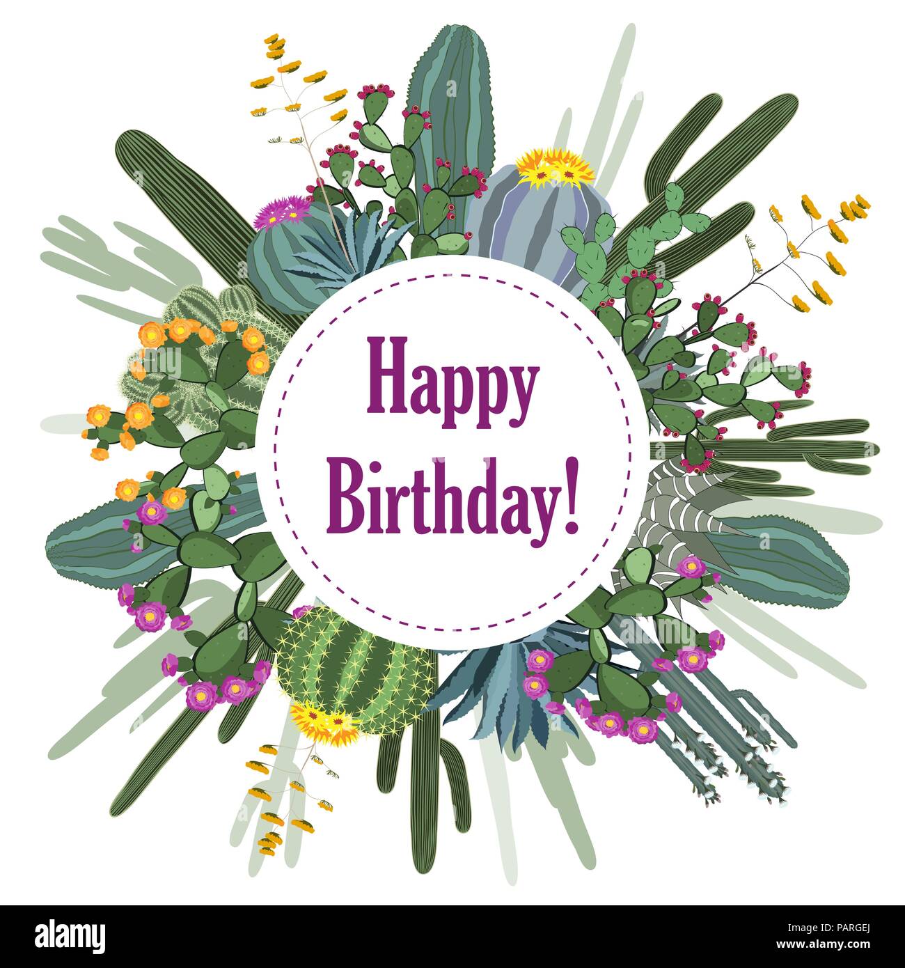 Runde sukkulenten Kaktus Rahmen. Happy Birthday Card. Vector