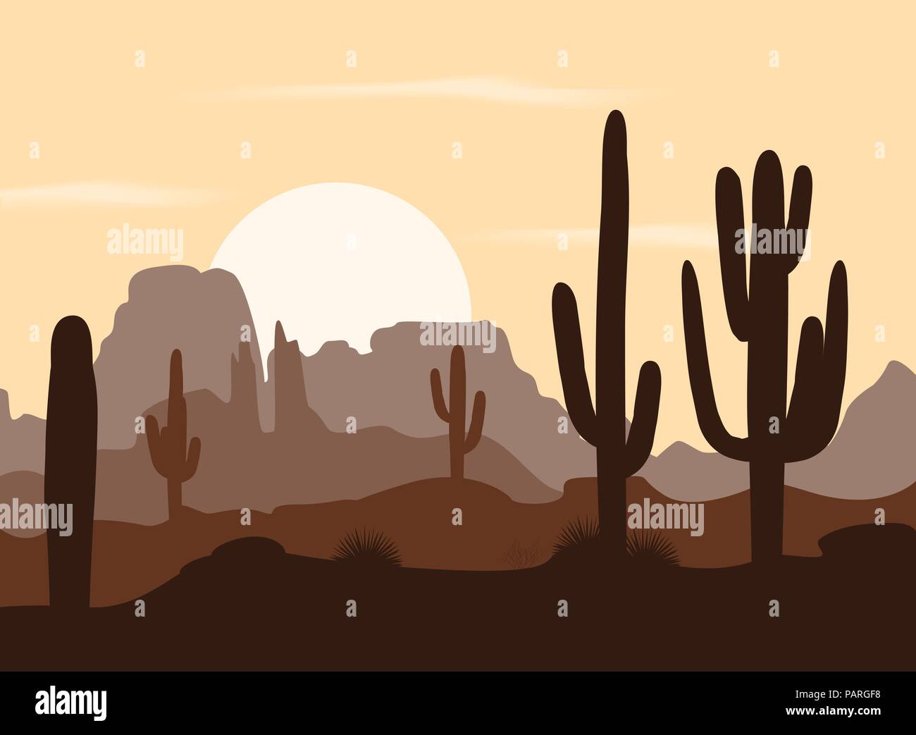 Morgen Landschaft mit Saguaro Kakteen und die Berge. Vector Illustration. Cute braun Palette Stock Vektor