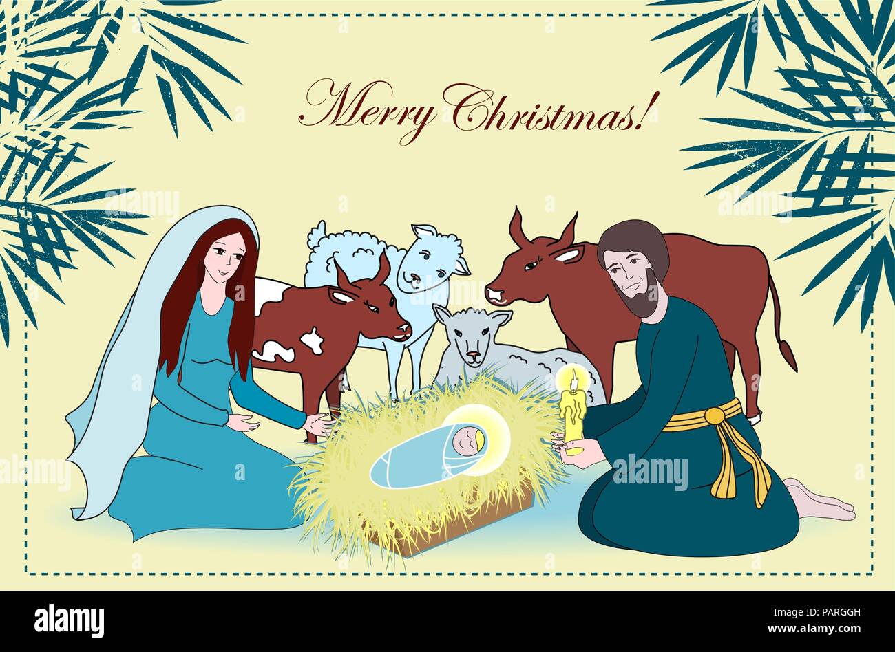 Krippe mit der Heiligen Familie und Tiere. Cartoon Vector Illustration Stock Vektor