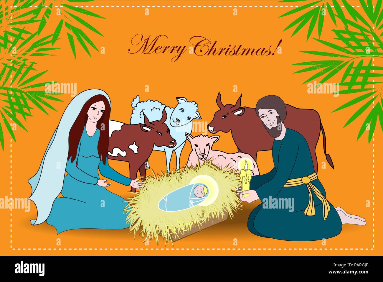 Krippe mit der Heiligen Familie und Tiere. Cartoon Vector Illustration Stock Vektor