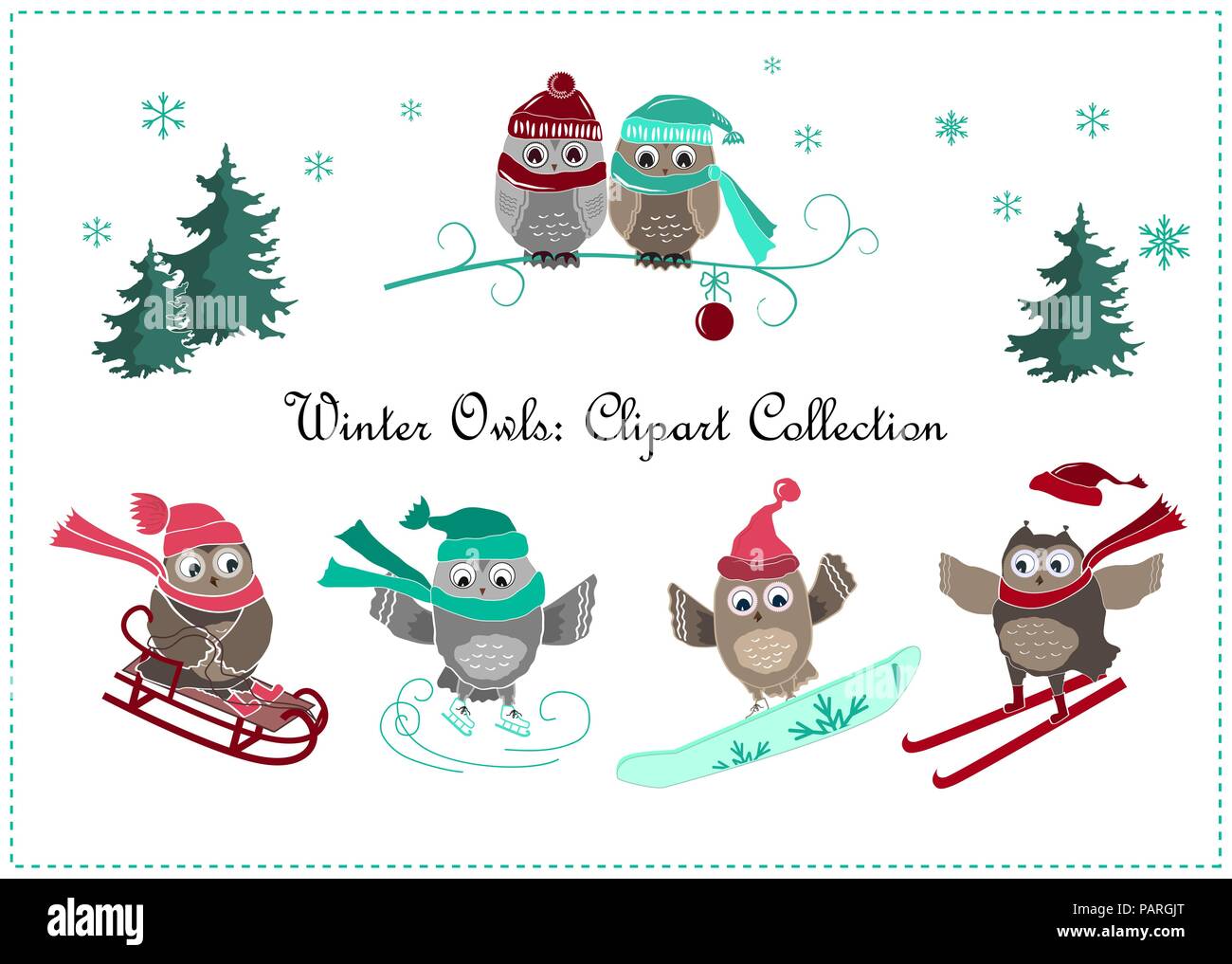 Cute winter Eulen Banner. Winter Sport und Eulen. Vector Illustration Stock Vektor