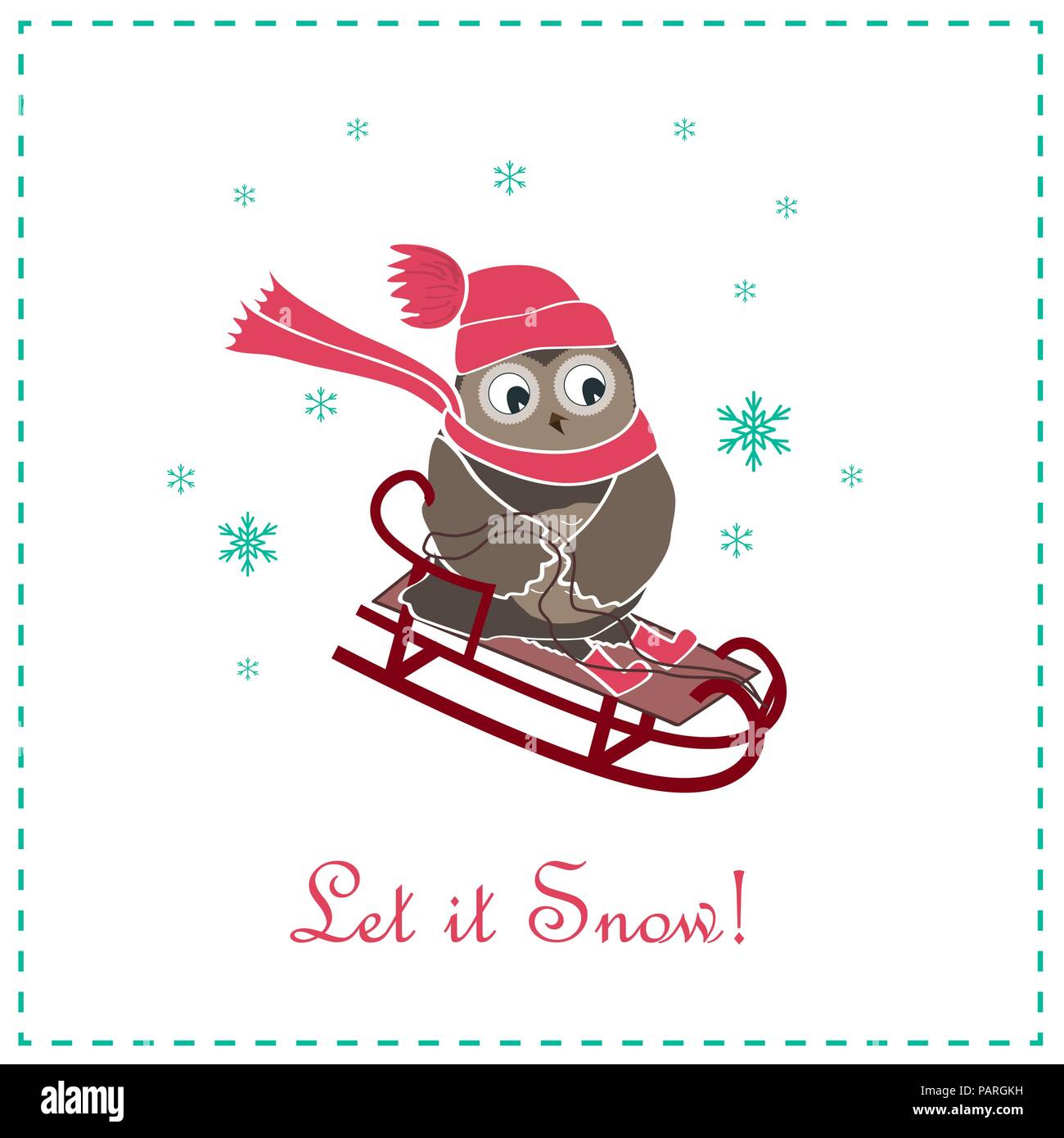Lustig und niedlich Rodeln Eule. Neues Jahr und Weihnachten Karte