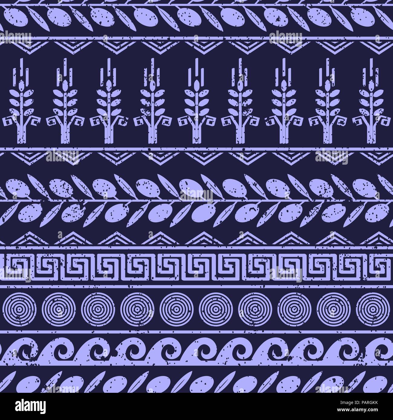 Nahtlose Muster mit Oliven, Weizen, und griechische Symbole. Schwarzweiß-Palette Stock Vektor