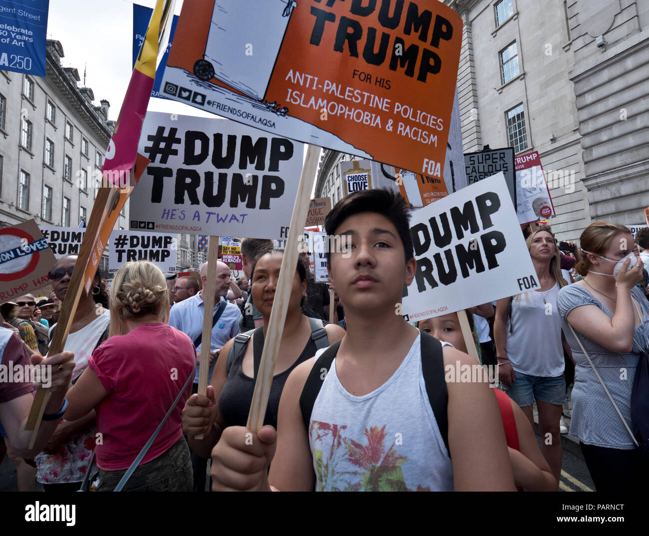 Anti Trump Protest bei seinem Besuch in London. Das Zentrum von London vom 13. Juli 2018 Stockfoto