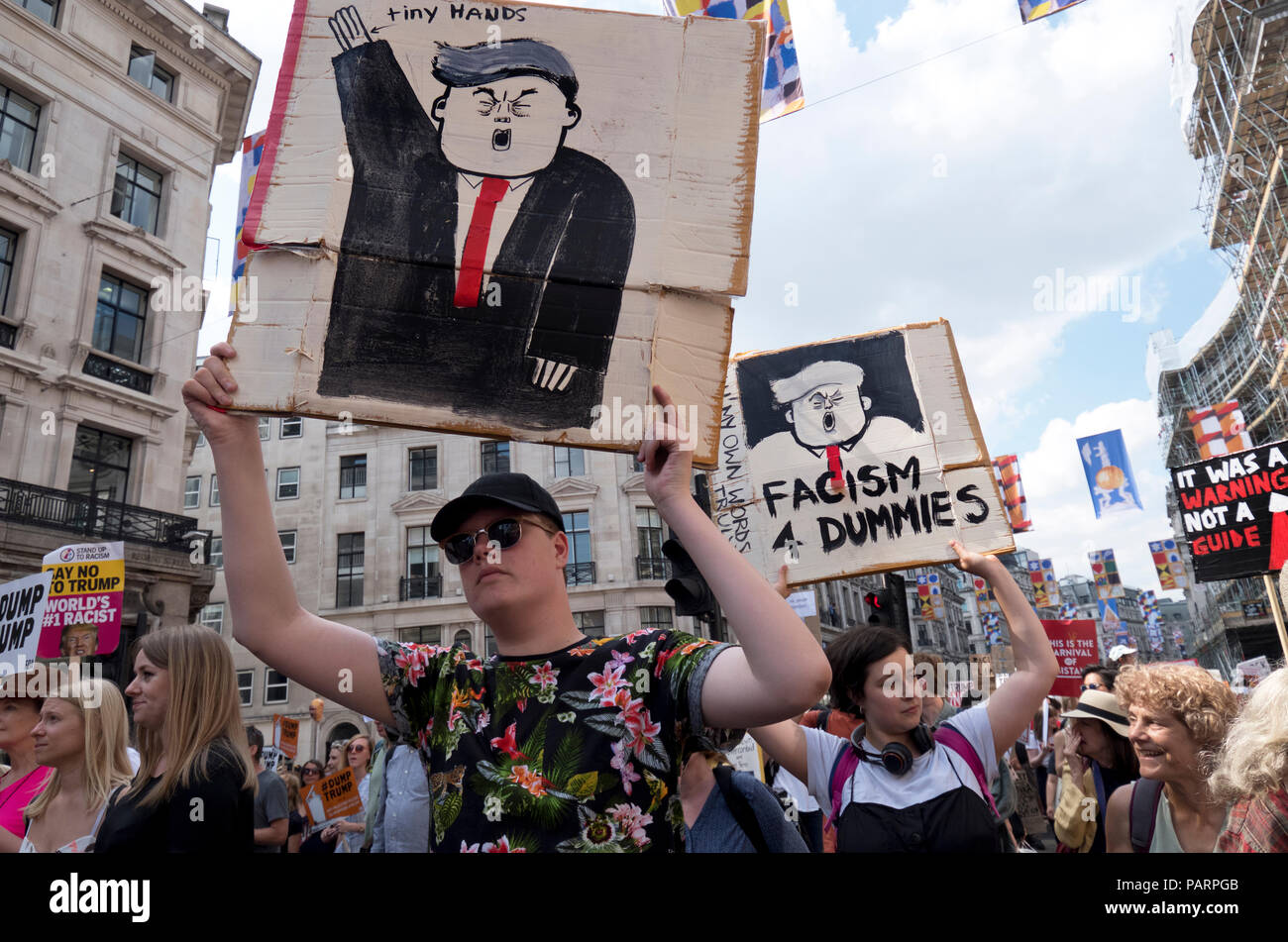 Anti Trump Protest bei seinem Besuch in London. Das Zentrum von London vom 13. Juli 2018 Stockfoto