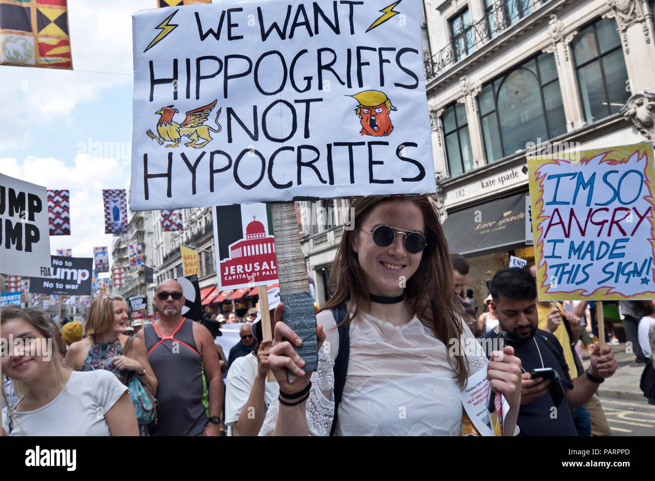 Anti Trump Protest bei seinem Besuch in London. Das Zentrum von London vom 13. Juli 2018 Stockfoto