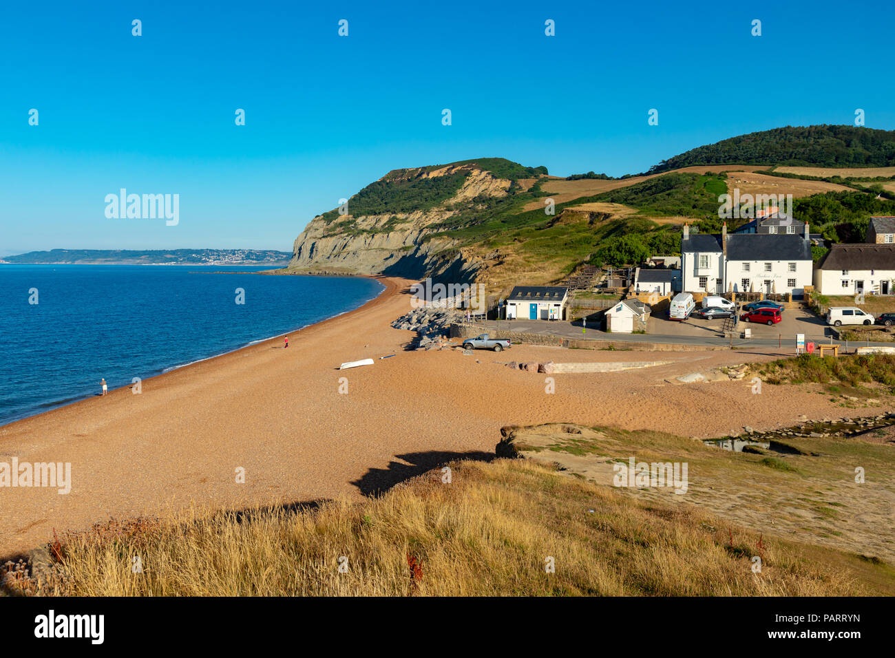 Seatown Dorset England Juli 24, 2018 Blick auf Golden Cap, dem höchsten Punkt in Dorset Jurassic Coast, vom Strand bei Seatown Stockfoto