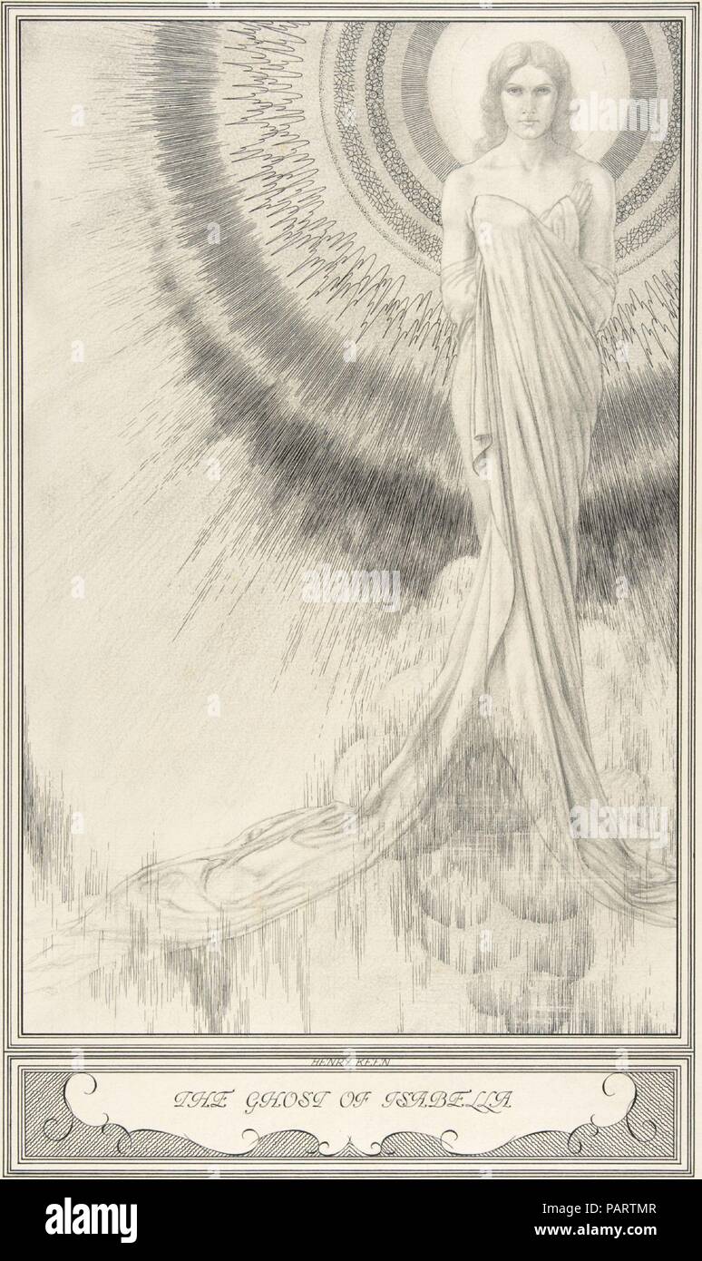 Der Geist von Isabella, Der weiße Teufel (Der weiße Teufel, Act III, Scene iii). Artist: Henry Weston Scharf (British, 1899-1935 Walberswick, Suffolk). Autor: John Webster (Britisch, Ca. 1580-ca. 1634). Maße: Blatt: 16 3/16 x 9 1/2 in. (41,1 x 24,1 cm) Blatt: 21 1/2 x 15 in. (54,6 x 38,1 cm). Datum: Ca. 1930. Scharf, arbeitete als Grafiker und Illustrator in den 1920er und 1930er Jahre, Erstellen von Beunruhigenden symbolistischen Bilder erinnert an Aubrey Beardsley. Zwei bedeutende Aufträge wurden Entwürfe für Luxus ausgaben von Der bodley Head veröffentlicht wird - eine Firma, die Beardsley in den 1890er Jahren - Oscar Wilde gehabt hätten. Stockfoto