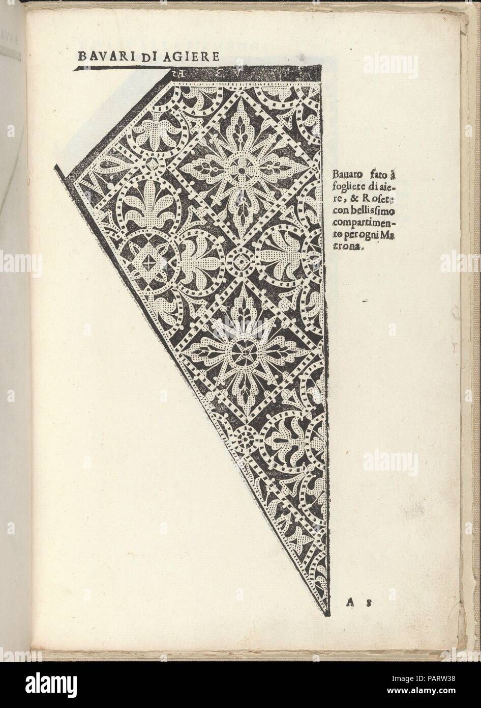 Ornamento Nobile... Fatta da Lucretia Romana (Libro V des Corona), Seite 8 (Vorderseite). Autor: Cesare Vecellio (Italienisch, Pieve di Cadore 1521-1601 Venedig). Abmessungen: Insgesamt: 12 3/16 x 8 1/4 in. (31 x 21 cm). Herausgeber: Alessandro De' Vecchi (Italienisch, aktive Venedig, 1570-1629). Datum: 1620. Von Cesare Vecellio, Italienisch, Pieve di Cadore 1521-1601 Venedig, veröffentlicht von Alessandro De' Vecchi geschrieben. Von oben nach unten und von links nach rechts: Design ist in der Form eines Dreiecks mit der oberen linken Ecke leer gelassen. Es ist mit einem Muster von Diamanten, die jeweils mit einem unterschiedlichen verziert f eingerichtet Stockfoto