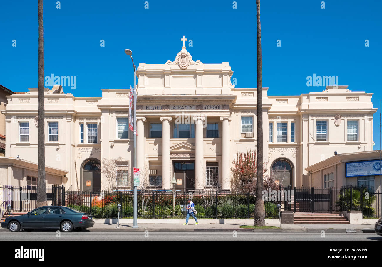 Allerheiligsten Schulgebäude am Sunset Boulevard, Hollywood, Los Angeles, LA, Kalifornien, USA Stockfoto