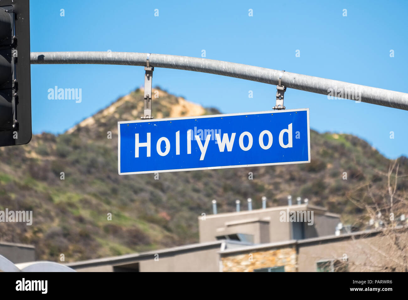 Bezirk Hollywood Road Sign in Hollywood, Los Angeles, LA, Kalifornien, USA Stockfoto