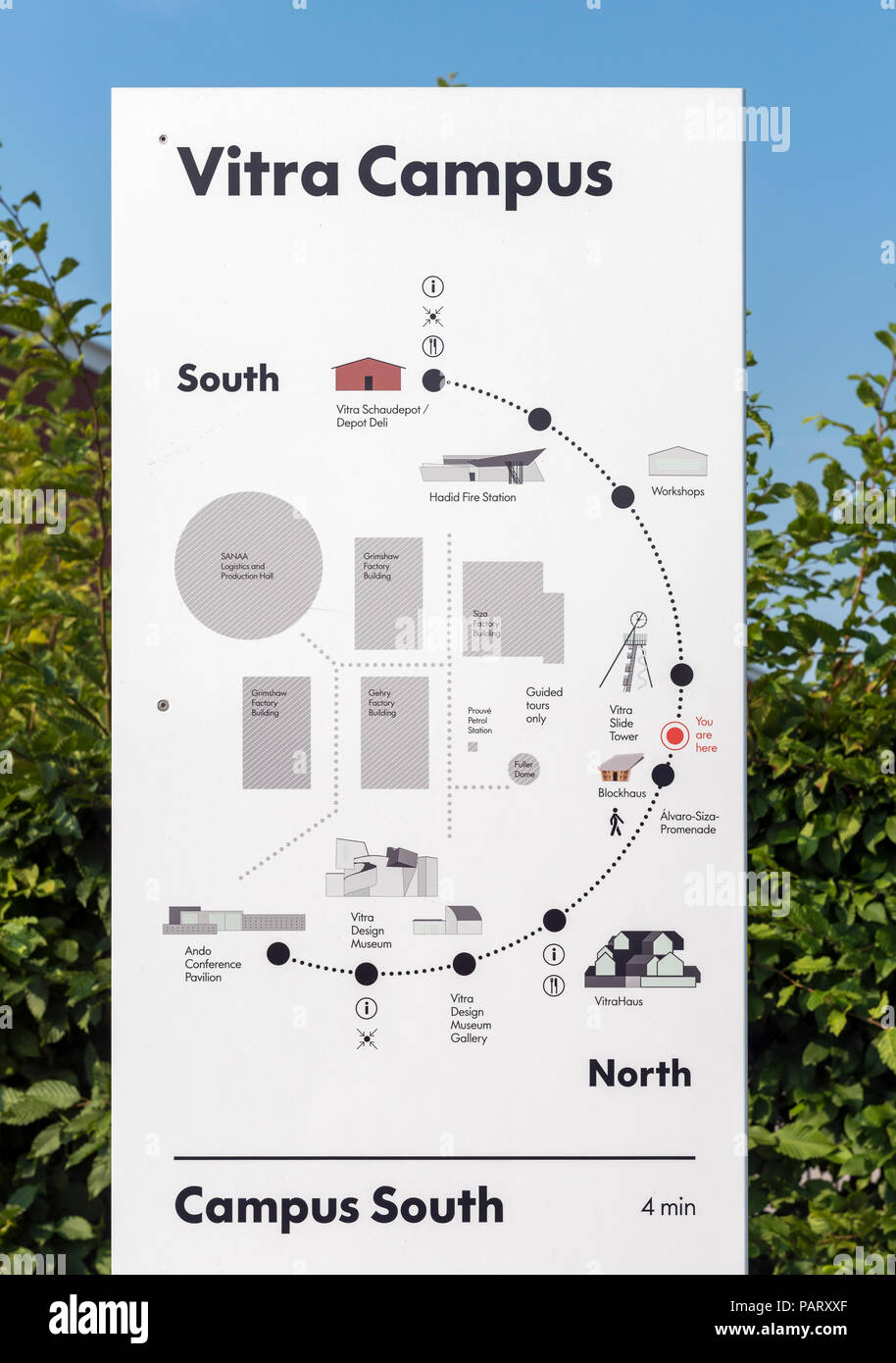 Karte mit Anordnung der Gebäude in der Vitra Campus in Weil am Rhein, Deutschland Stockfoto