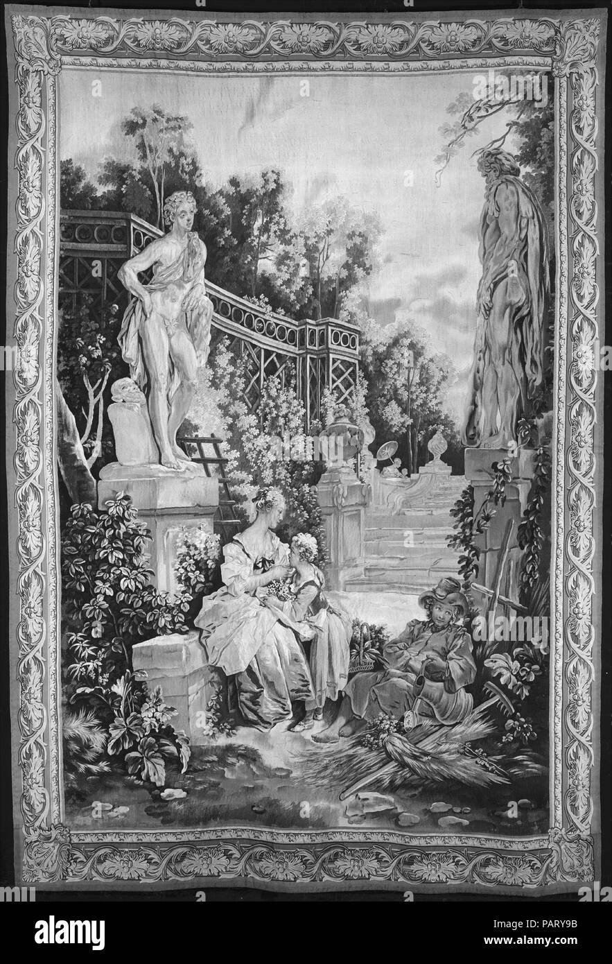 Der Gärtner aus einem Satz der Italienischen Dorf Szenen. Kultur: Französisch, Beauvais. Designer: Entworfen von François Boucher (Französisch, Paris 1703-1770 Paris). Abmessungen: H.110 1/2 x W. 73Zoll (280.7 x 185.4 cm). Manufaktur: Beauvais. Schirmherr: Boulard de Gatellier (Château de Gatellier (Loire)). Workshop Regie: André Charlemagne Charron (Französisch, aktive 1754-80). Datum: 1734-36, gewebt 1762. Bilder der Gärten waren sehr beliebt in der Tapisserie Medium aus der mittelalterlichen Epoche, wo die so genannte - Mille Fleurs (tausend Blumen) (siehe auch 2013.506) eine dekorative, und manchmal auch symbolisch, Stockfoto