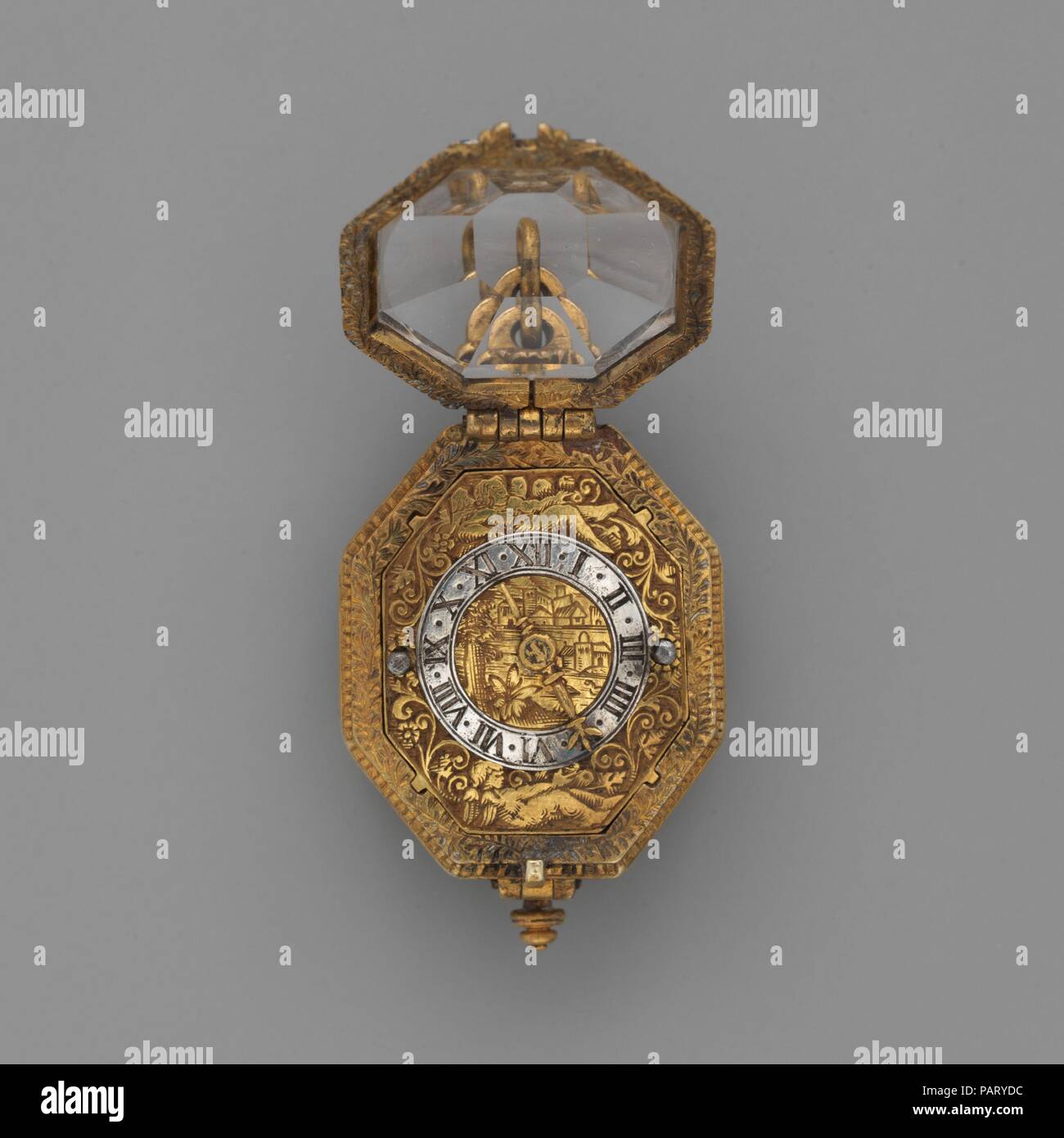 Beobachten. Kultur: Deutsche, Straßburg. Abmessungen: Insgesamt: 1 11/16 x 15/16 x 13/16 in. (4,3 × 2,4 × 2,1 cm). Schöpfer: Uhrmacher: Richard Ledertz (Deutsch, aufgezeichnet 1600-30). Datum: Ca. 1620-30. Museum: Metropolitan Museum of Art, New York, USA. Stockfoto