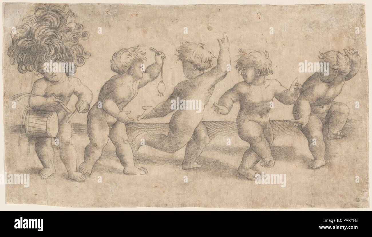 Fünf tanzen Putti. Artist: Amico Aspertini (Italienisch, Bologna Ca. 1474-1552 Bologna). Maße: Blatt: 4 3/8 x 7 13/16 in. (11,1 x 19,8 cm). Datum: n. d.. Museum: Metropolitan Museum of Art, New York, USA. Stockfoto