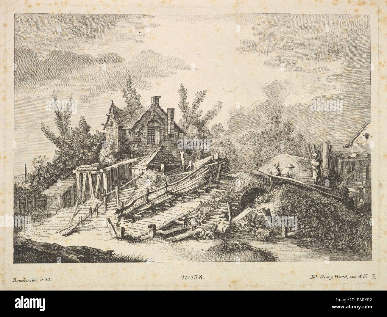 Eine Landschaft mit einem Haus und drei Männer auf einer Brücke. Artist: Nachdem François Boucher (Französisch, Paris 1703-1770 Paris); Johann Georg Hertel (Deutsch, Augsburg Ca. 1700-1775 Augsburg). Maße: Blatt: 8 5/16 x 10 15/16 in. (21,1 × 27,8 cm) Platte: 7 1/2 x 10 1/16-in. (19,1 × 25,5 cm). Datum: 18. Museum: Metropolitan Museum of Art, New York, USA. Stockfoto