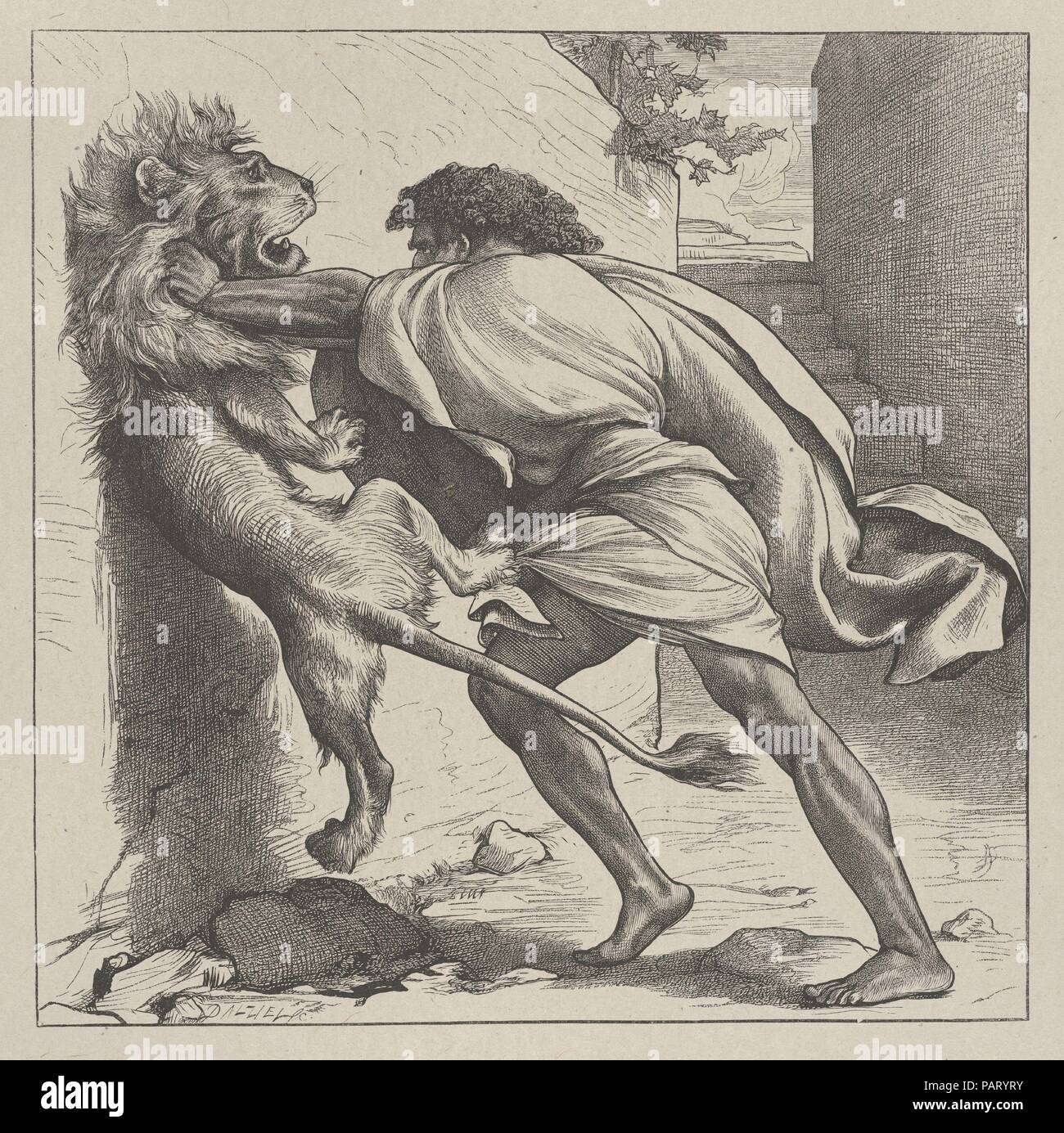 Samson und der Löwe (Dalziels "Bibel Galerie). Artist: Nach Frederic, Lord Leighton (Briten, Scarborough 1830-1896 London). Abmessungen: Bild: 7 1/4 x 7 1/4 in. (18,4 × 18,4 cm) Indien Blatt: 9 7/16 x 9 1/4 in. (23,9 × 23,5 cm) Berg: 16 7/16 in. × 12 15/16 in. (41,8 × 32,8 cm). Engraver: Dalziel Brüder (British, 1839-1893) aktiv. Drucker: Camden Drücken Sie (Briten, London). Verlag: Scribner und Welford (New York, NY). Datum: 1865-81. Museum: Metropolitan Museum of Art, New York, USA. Stockfoto