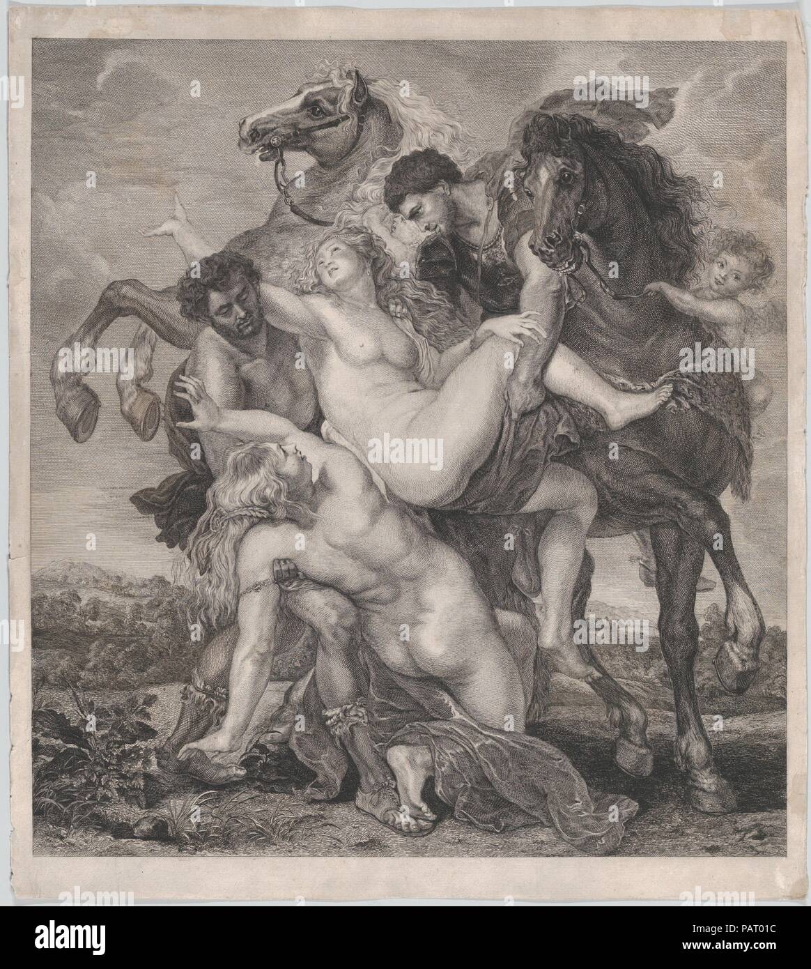 Phoebe und Hilaeria, die Töchter von Leucippus, entführt von Castor und Pollux. Artist: Nach Peter Paul Rubens (Flämische, Siegen 1577-1640 Antwerpen); Johann Friedrich Leybold (Deutsch, Stuttgart 1755-1838 Wien). Abmessungen: Bild: 15 1/2 x 14 5/16 in. (39,3 × 36,4 cm) Blatt: 16 15/16 x 15 1/8 in. (43 × 38,4 cm). Datum: 1798-1838. Museum: Metropolitan Museum of Art, New York, USA. Stockfoto