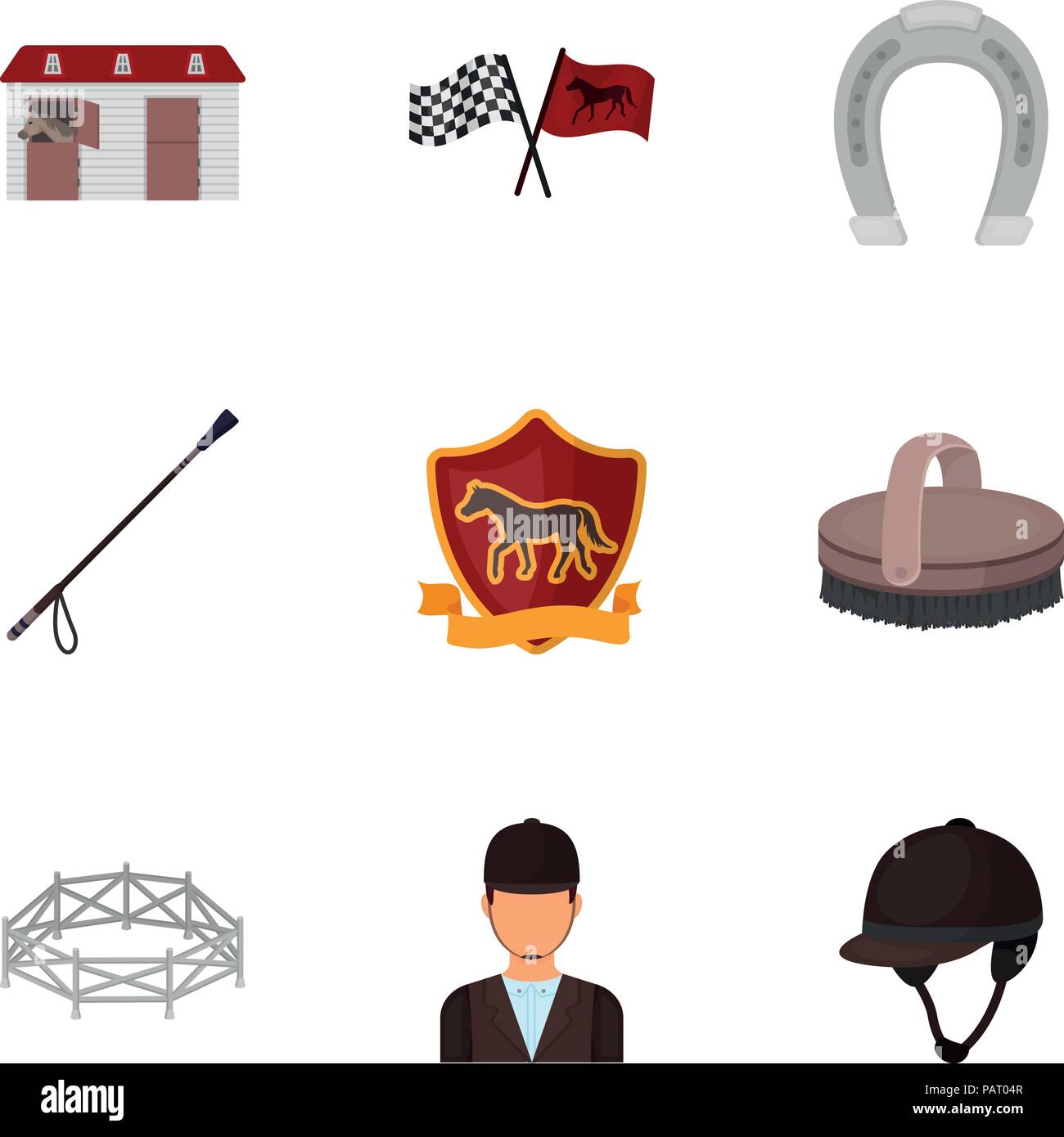 Rennen auf dem Pferd, das Hippodrom. Pferderennen und Ausrüstung Reiter. Hippodrom und Pferd Symbol im Set Sammlung auf Cartoon Stil vektor Symbol lieferbar Web Stock Vektor